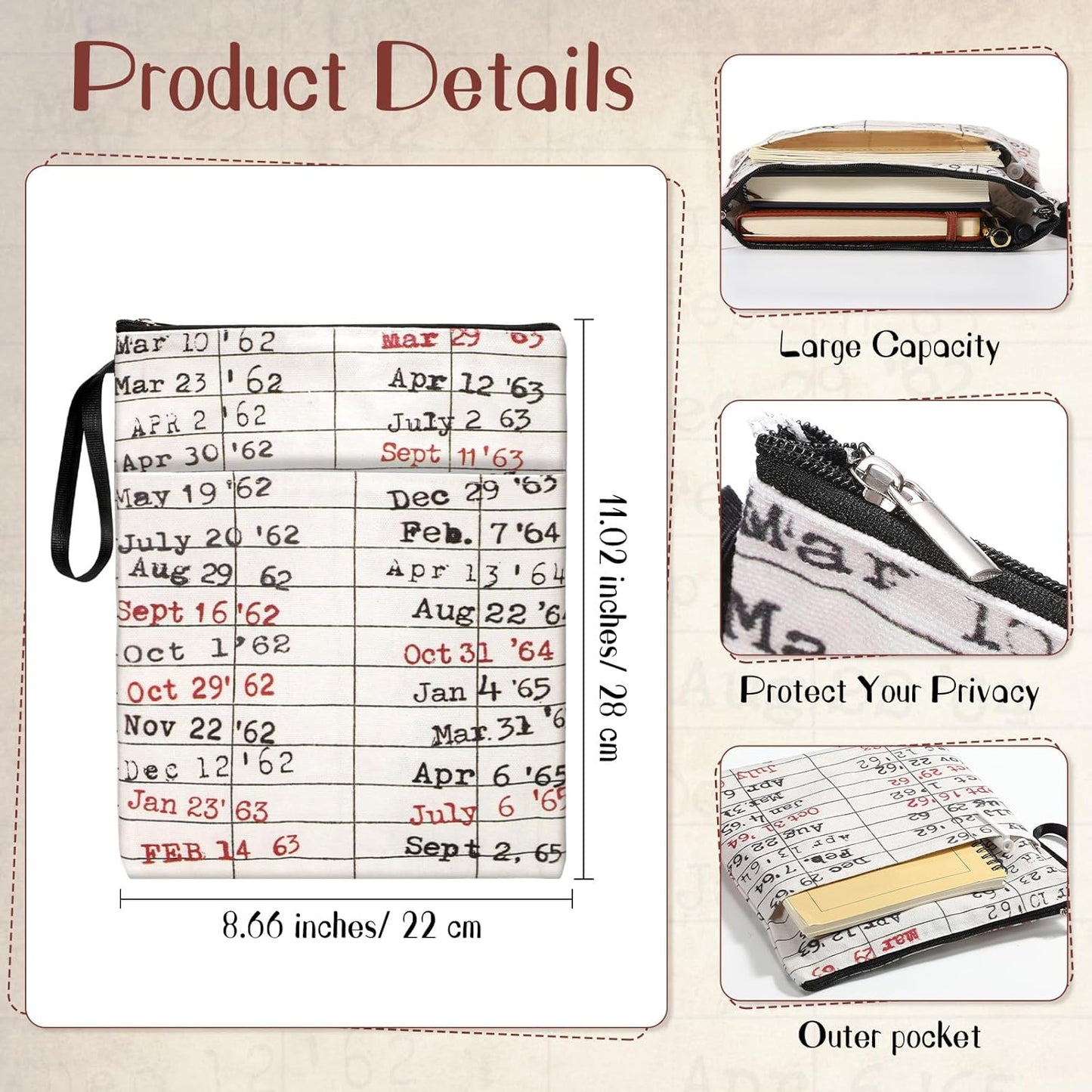 Abbylike 6 Pcs Book Sleeve Pouch for Book Lover Gifts Waterproof Librarian Date Due Protector Covers with Zipper for Teacher Reader Library Club Storage Party Favors