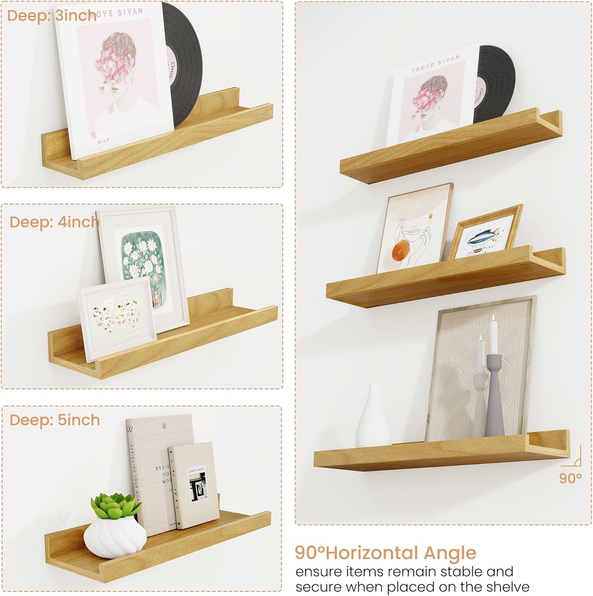 Floating Shelves for Wall Set of 6, 36 inch Picture Ledge Shelf Decor Storage, Wall Mounted Shelves for Living Room Bedroom Decor Books Photo Frames,Oak