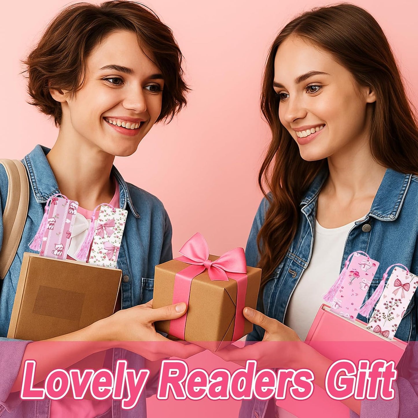 24Set Cute Bookmarks for Reading Women Aesthetic Girly Bookmarks Pretty Pink Bow Book Marks Bulk DIY Bookmark Bookish Page Markers Making Kit Coquette Reading Accessories Valentines Day Gifts