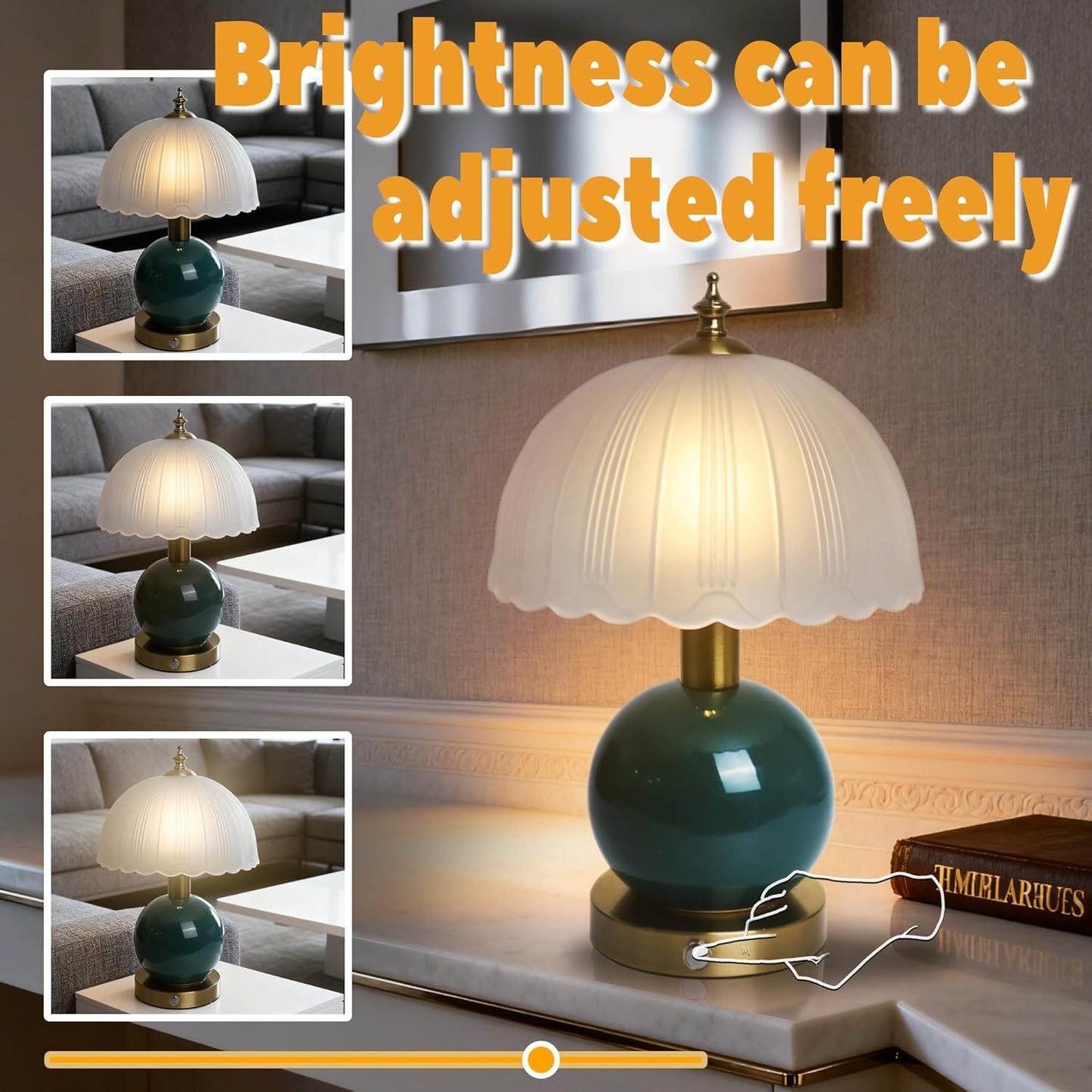 Living Room Vintage Ceramic lamp,12 inch Modern Rechargeable Touch Light, Stepless Light Adjustment Desk Lamp, Classic Chinese Style Emerald Green