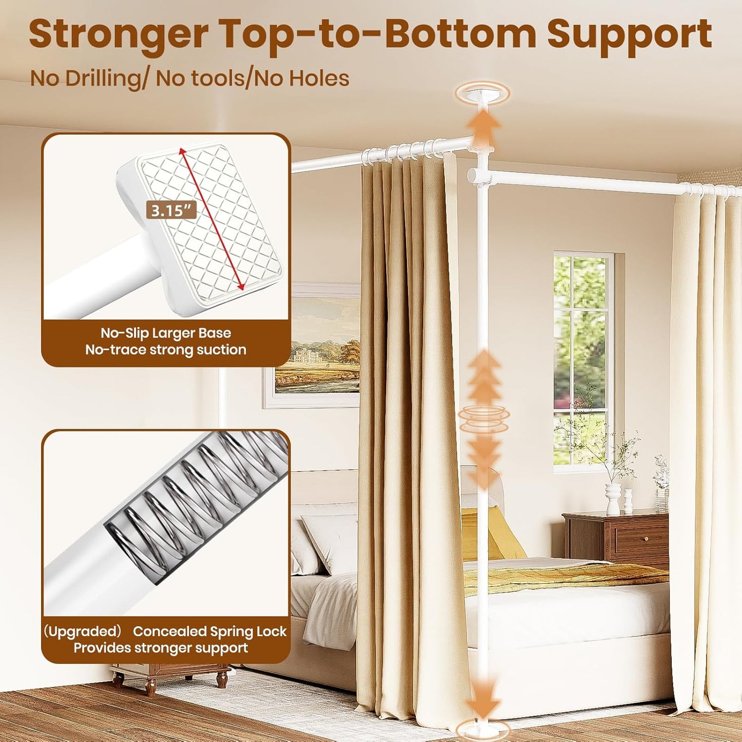 Bonpally Room Divider Curtain Rod, No Drilling Tension Rod for Room Separation, 4-10ft(H) 28-114inch(W) Adjustable Heavy Duty Floor to Ceiling Wall Divider Room Partition Privacy Separator, White