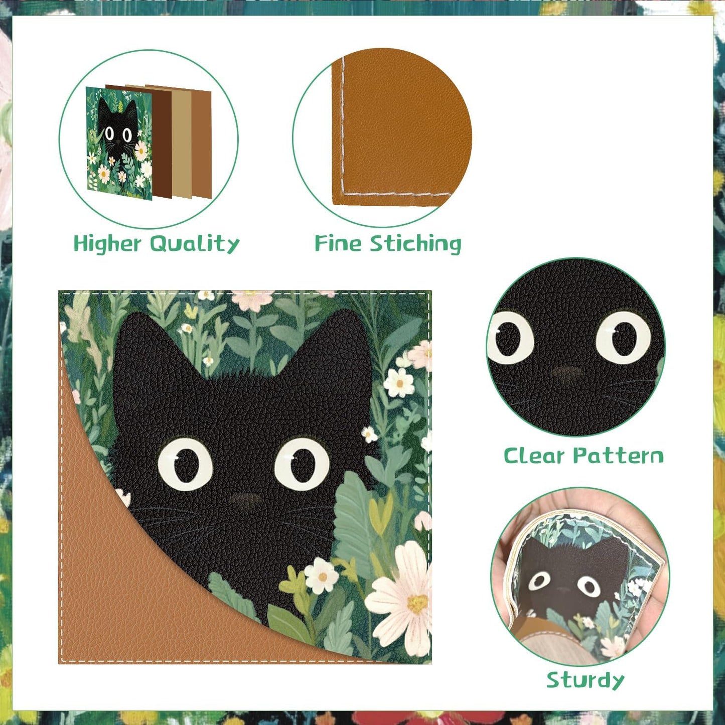 Black Cat Corner Bookmark - 4Pcs Black Cat Floral Leather Bookmark Animal Flower Plant Reading Book Page Markers for Women Men Book Lovers Reader Teacher Students Bookish Birthday Gifts
