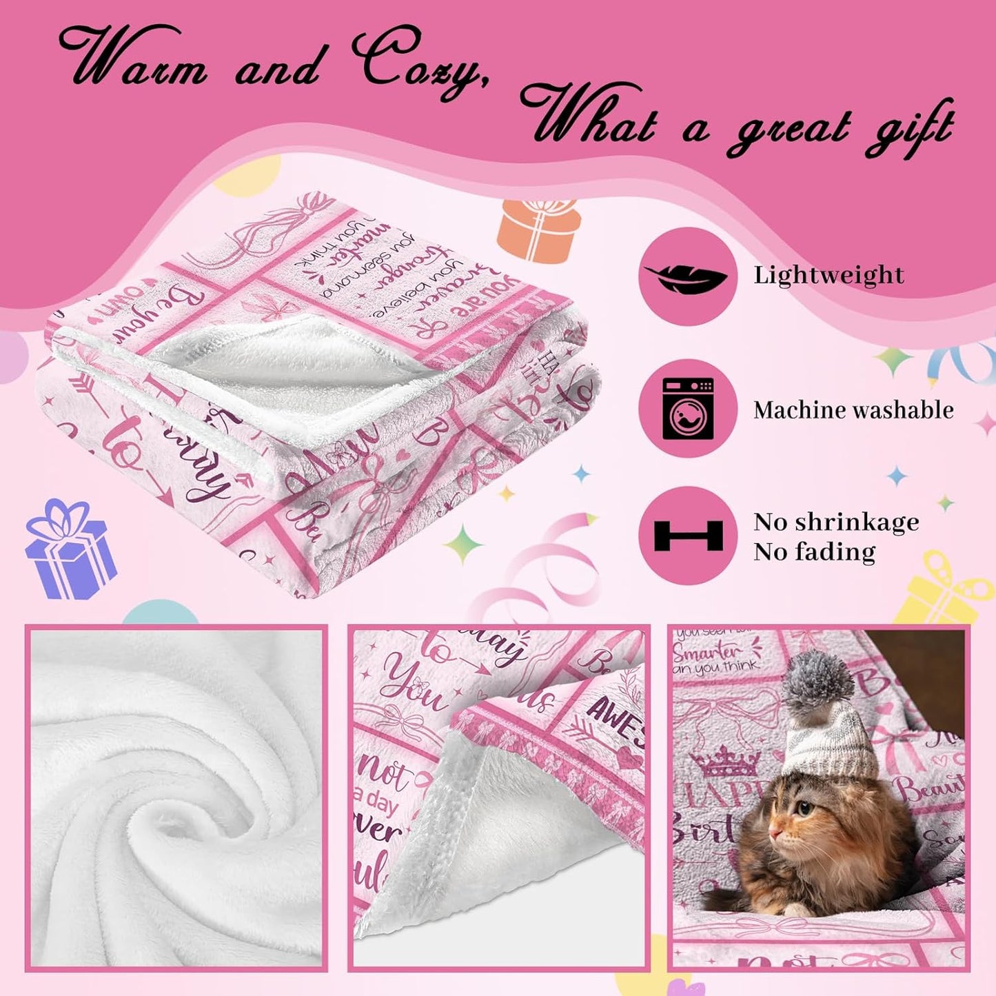 Pink Bow Birthday Gifts for Women Girls Throw Blanket 50"x60", Happy Birthday Decorations for Womens Pink, Gifts for Women Bday Unique, Womens Birth Day Gift Ideas for Her Teen Girl Sister Friend
