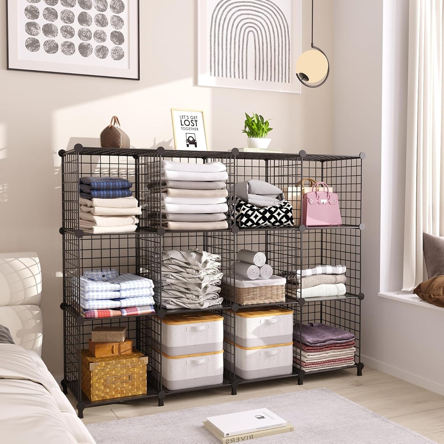 AWTATOS Wire Cube Storage Organizer, Closet Organizers and Storage, Metal 12 Cube Storage Shelves Bookshelf, Portable Closet Clothes Organizer for Bedroom, Home, Office, Black
