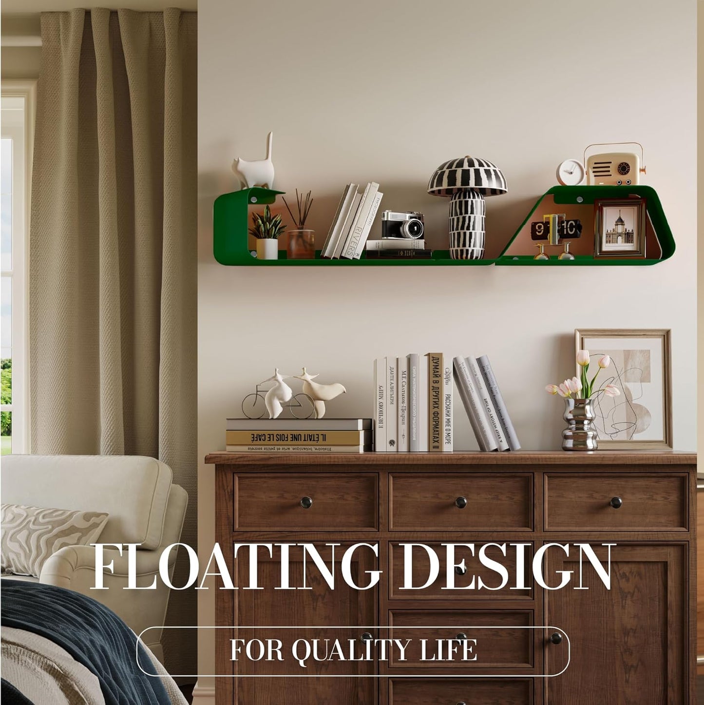 Floating Shelves, Wall Shelf, Set of 3 Mounted Metal Shelves with Unique Design for Wall Storage, Book Shelf, Display Shelves for Bathroom Bedroom Kitchen Living Room for Home Green