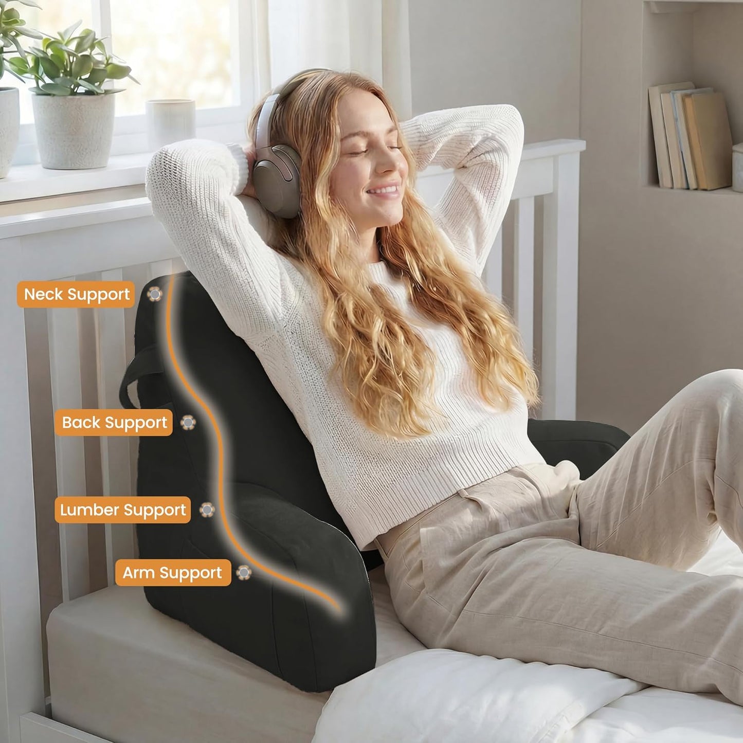 Portable Comfy Reading Pillows for Bed Sitting Up(Grey Oeko-Tex), Velvet Back Pillow with Arms & Pockets for Adults, Support Memory Foam Bed Pillow for Dorm/Reading/Watching/Gaming