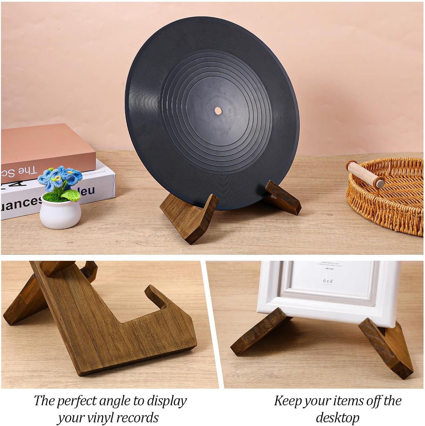Bremorou Record Display Stand Plate Stand for Display Wooden Displays Vinyl Holder Stands Picture Frame Holder Cookbook Stands Recipe Book Holders Decorative Table Top Easels Record Lover Gifts