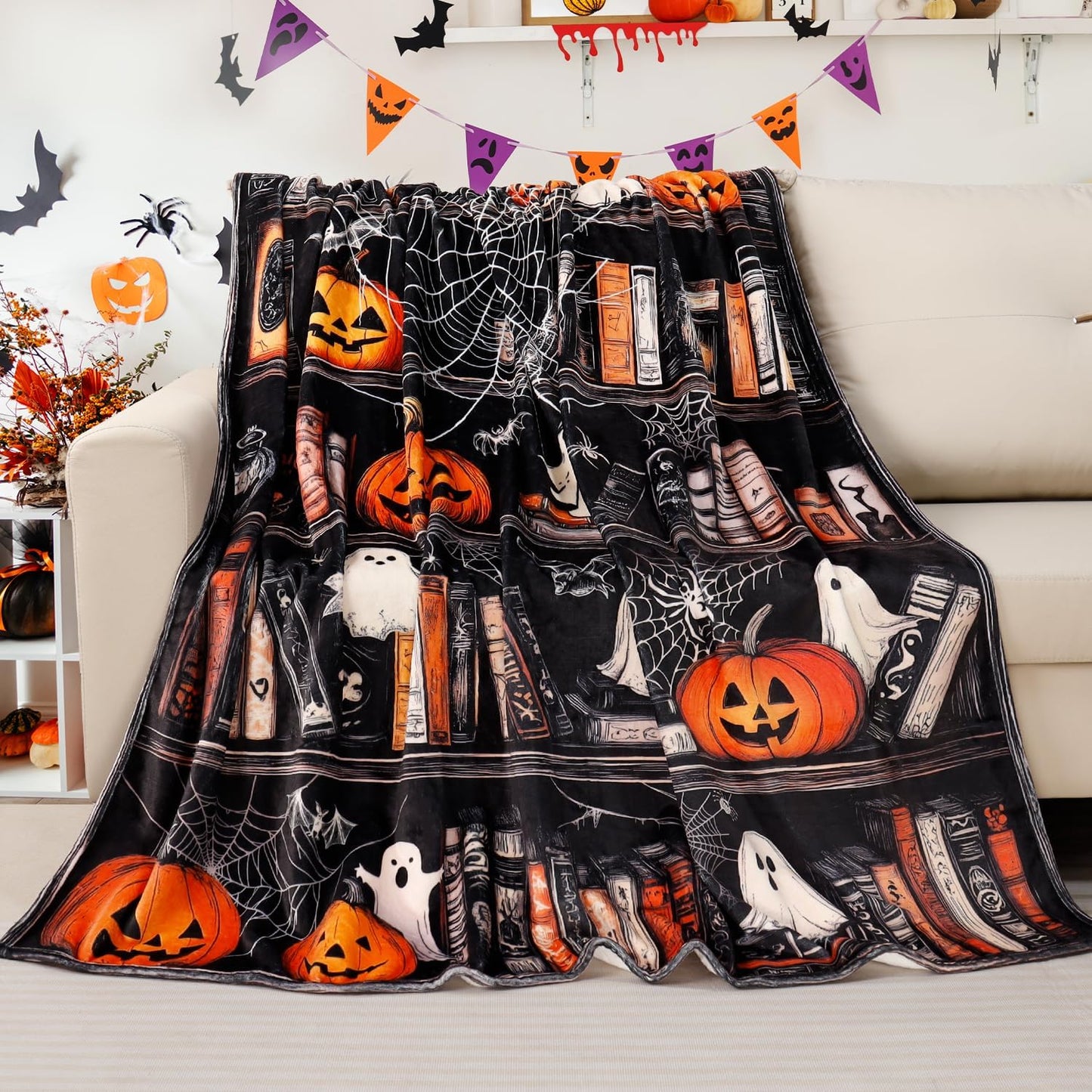Halloween Blanket Gothic Ghost Bookshelf Throw Blanket for Book Lovers Pumpkin Spider Web Fleece Throw Blankets Super Soft Warm Cozy Flannel Blankets for Couch Sofa Bed 50" x 60"