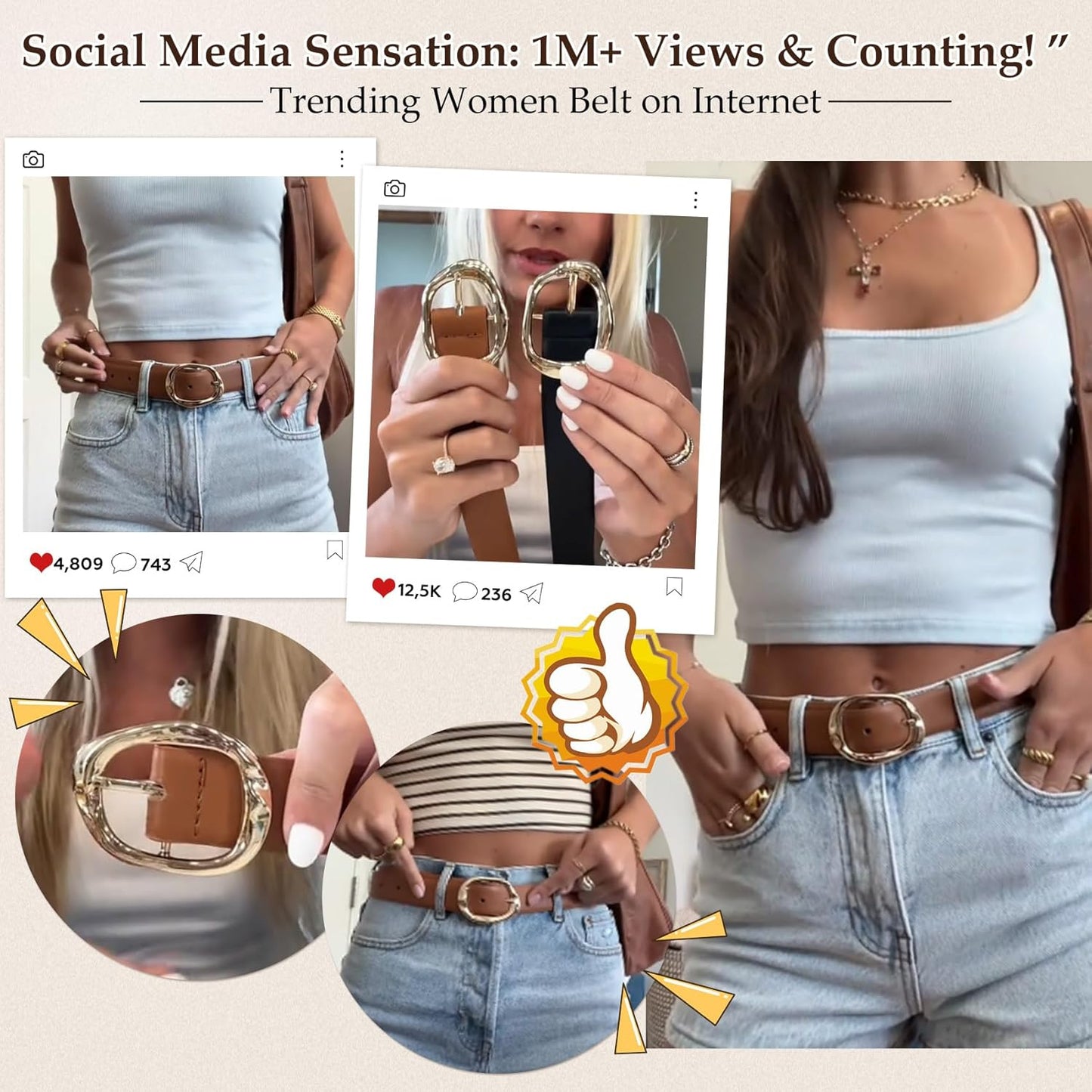 Women Leather Belt for Jeans Pants Ladies Casual Waist Belt Fashion Women Belt with Gold Buckle