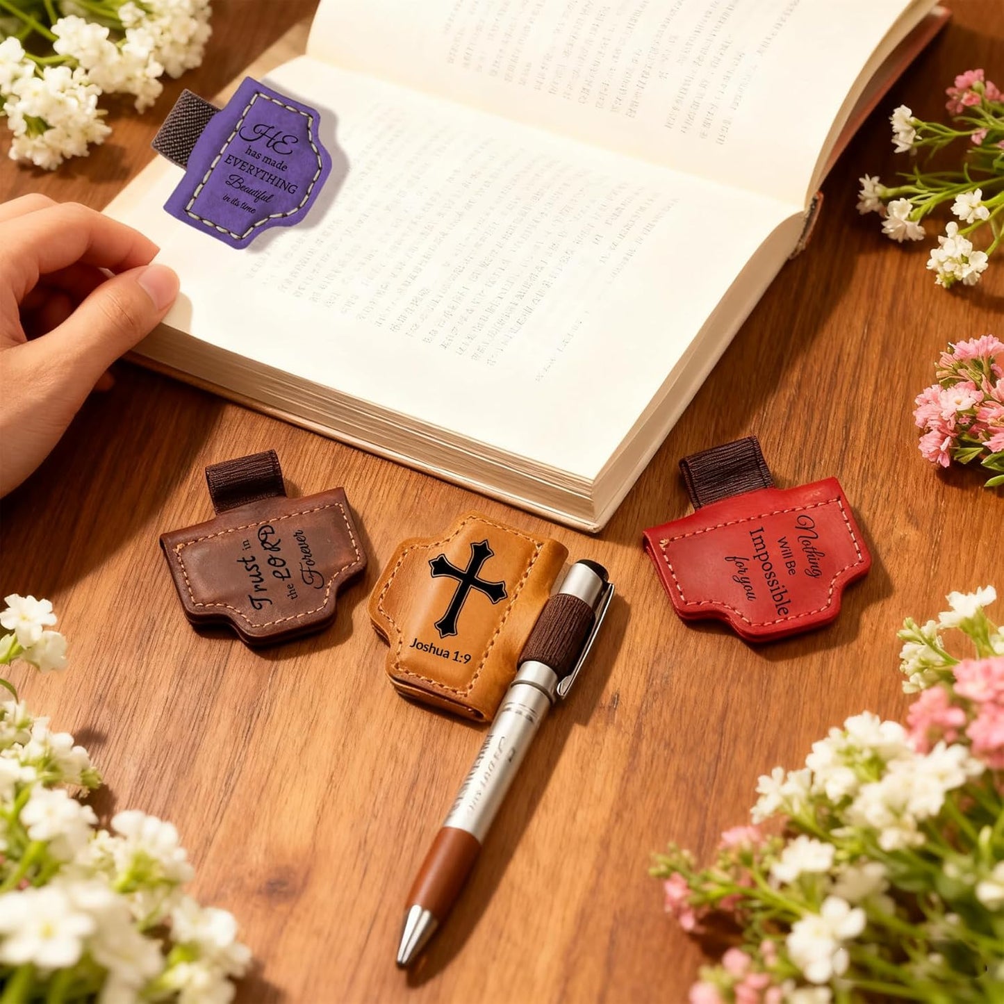 Personalized Leather Bookmark with Pen Holder - Magnetic Bible Verse Design, Christian Book Lovers Reading Accessory, for Book Lovers Men Women (Brown, Psalm 119:105)