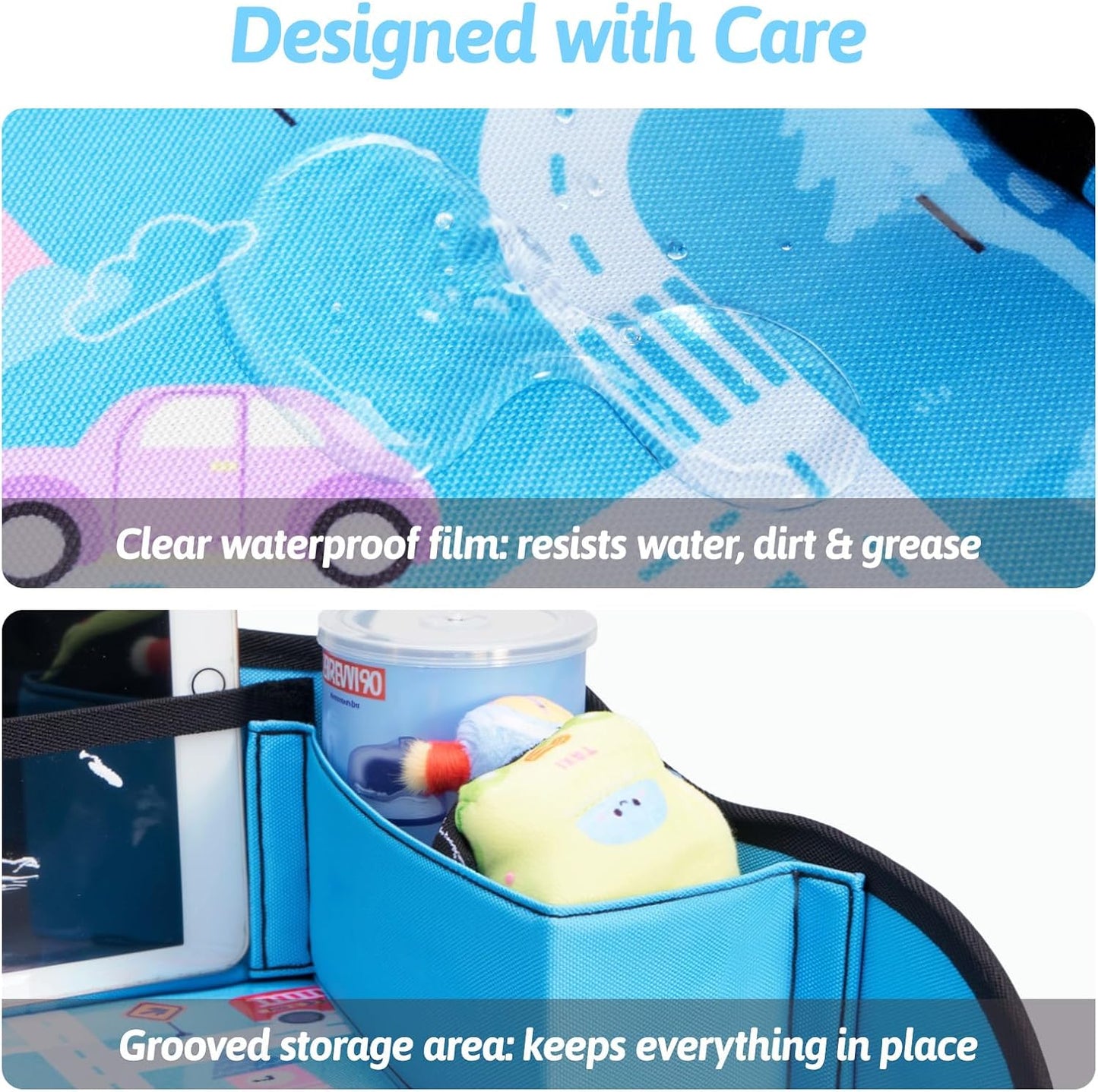 OUOZZZ Kids Travel Tray for Car - Boy's Safety Seat Table, Toddler Road Trip Essentials - Carseat/Airplane Lap Desk with Weight-Relief Strap, Non-Skid Silicone Base, Waterproof Dining/Craft Mat