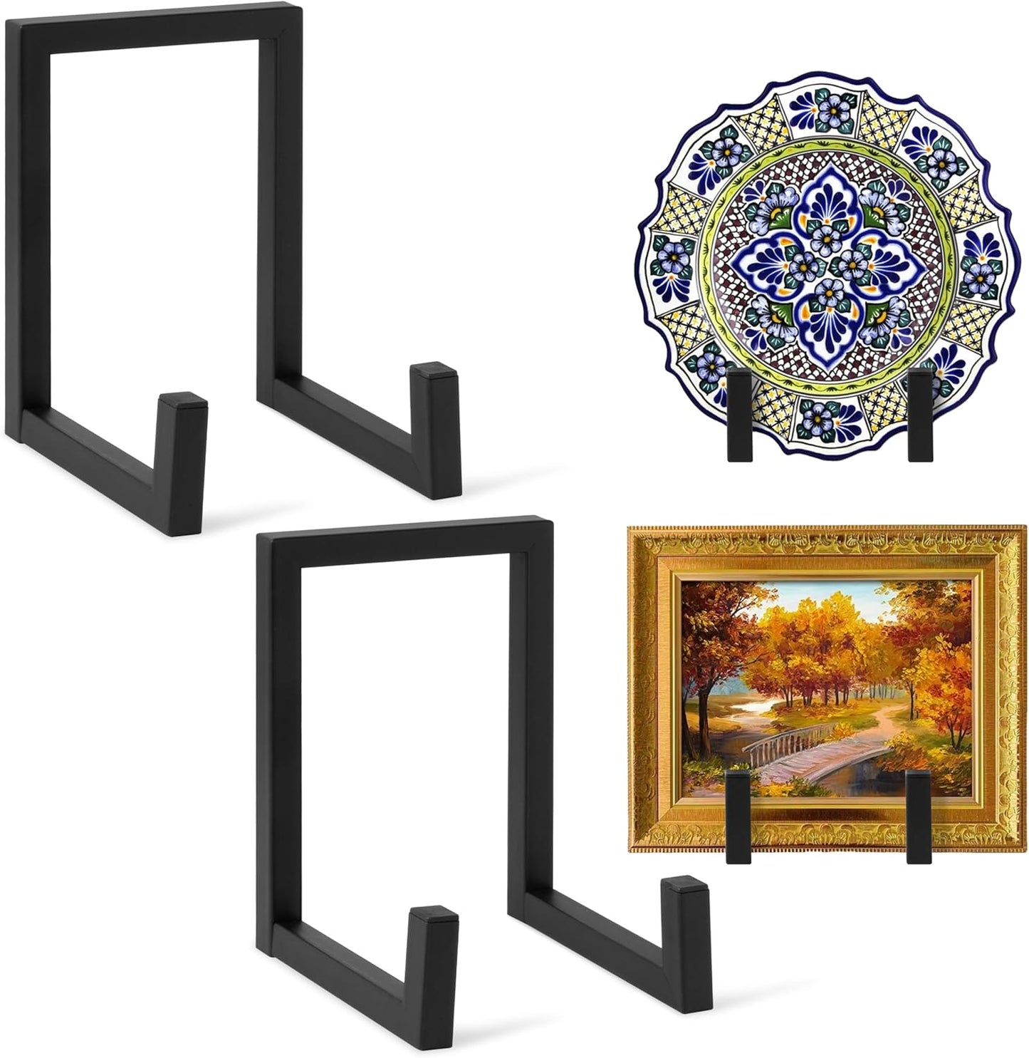 Plate Holder Stands for Display - 8 Inch Metal Picture Plaque Frame Photo Stand Displaying, Large Black Easels for Books Platters Artworks Collectibles Dishes Creation Tabletop Decor