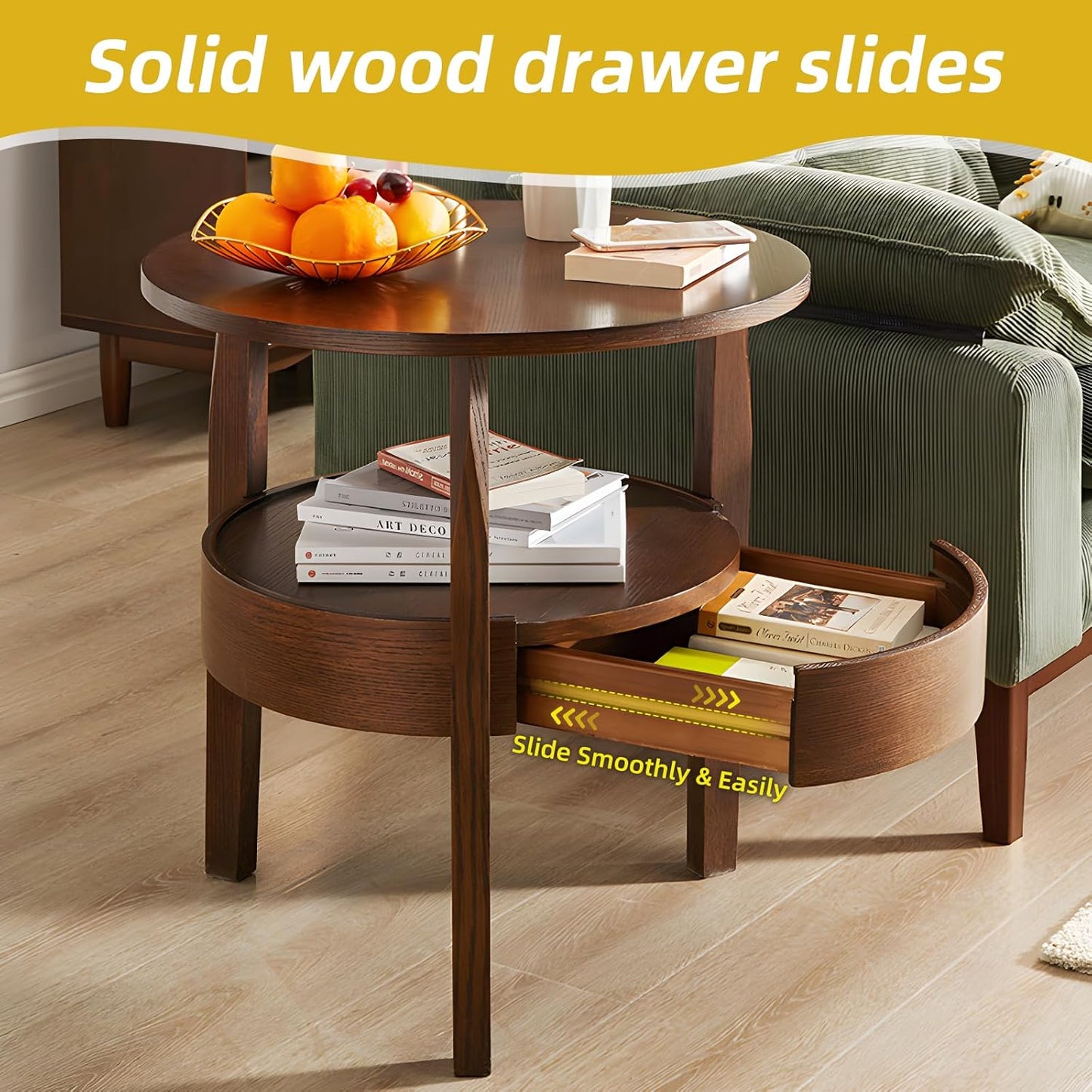 Round Coffee Table with Storage and Hidden Drawer - 20" D x 20" H Natural Wood Side Table with Sliding Drawer, Small Coffee Table for Living Room, Round Nightstand with Drawer, Dark Brown