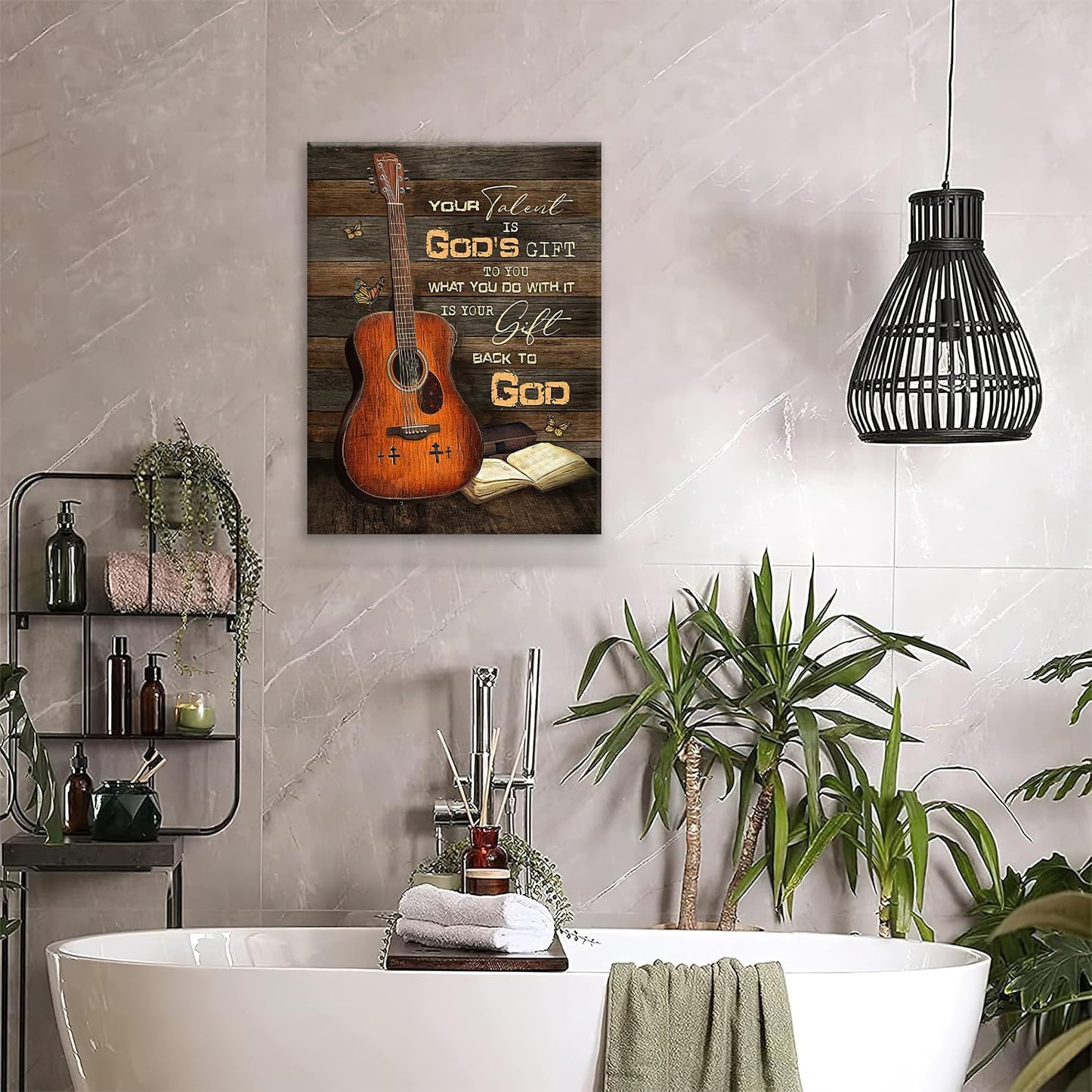 Guitar Canvas Wall Art Vintage Musical Christian Pictures for Kitchen Bedroom Bathroom Office Retro Guitar Music Print Religious Painting Farmhouse Modern Artwork Framed Wall Decor 16" x 12"