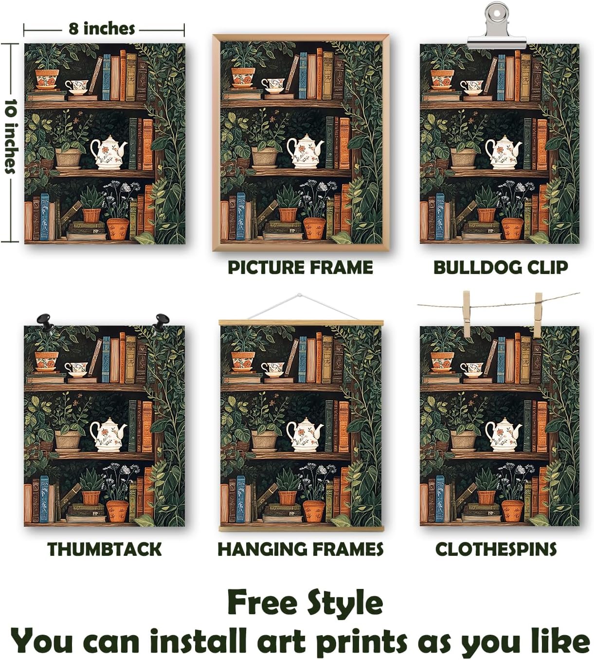 XWELLDAN Reading Bookish Book Shelf Botanical Wall Art Prints Wall Art Decor for Reading Room Bedroom Library Corner, 8x10 Inch Set of 3, Unframed