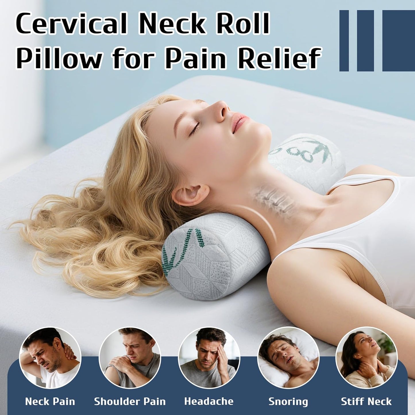 Cervical Roll Pillow, 2 Pack Round Bolster Pillow with Removable Washable Cover for Neck, Back, Leg, and Knee Support, 5" x 17"