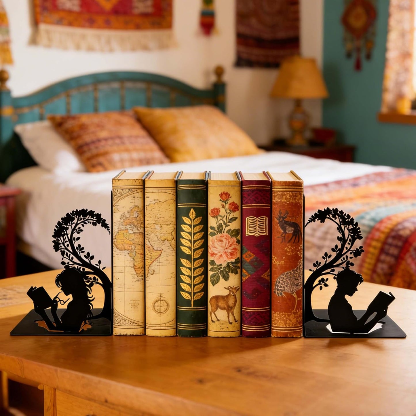 Matte Black Iron Decorative Bookends for Shelves, Couple Reading Tree Design Book Ends Decorative, Book Ends for Heavy Books, Unique Bookends for Home Office Shelves, 7.9 x 1.2 x 5.9 Inches