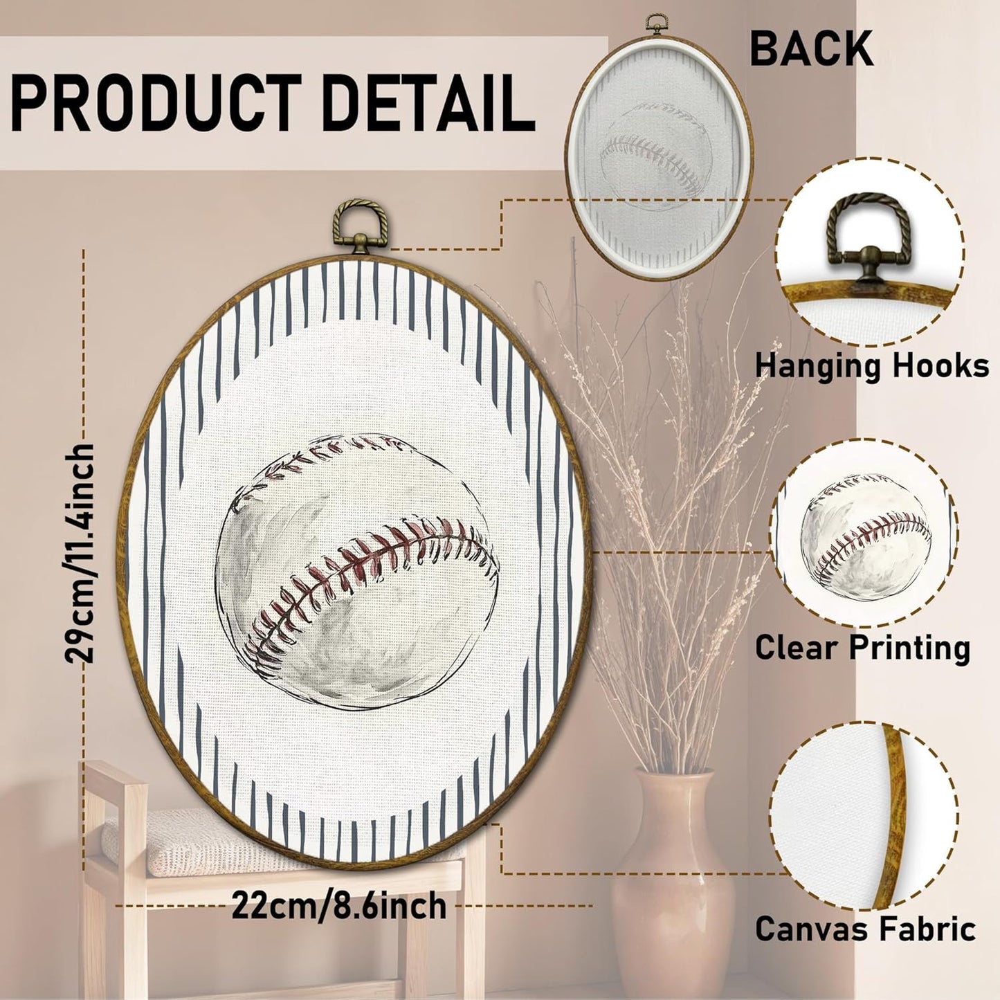 QZQE Retro Baseball Nursery Oval Wall Art Decor Framed, Boy Sports Nursery Oval Canvas Prints, Blue Striped Baseball Wall Hanging Decor for Kids Room Bedroom Playroom, 8.6x11.4 Inch