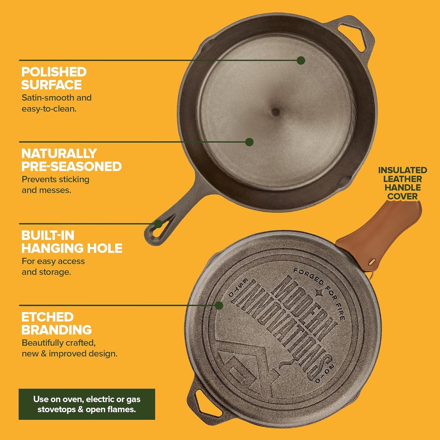 Modern Innovations 10 Inch Cast Iron Skillet, Pre-Seasoned Smooth Polished Surface, Heavy-Duty, Naturally Non-Stick 100% Cast Iron Frying Pan- Saute, Sear & Grill on Campfires, Stoves & Ovens