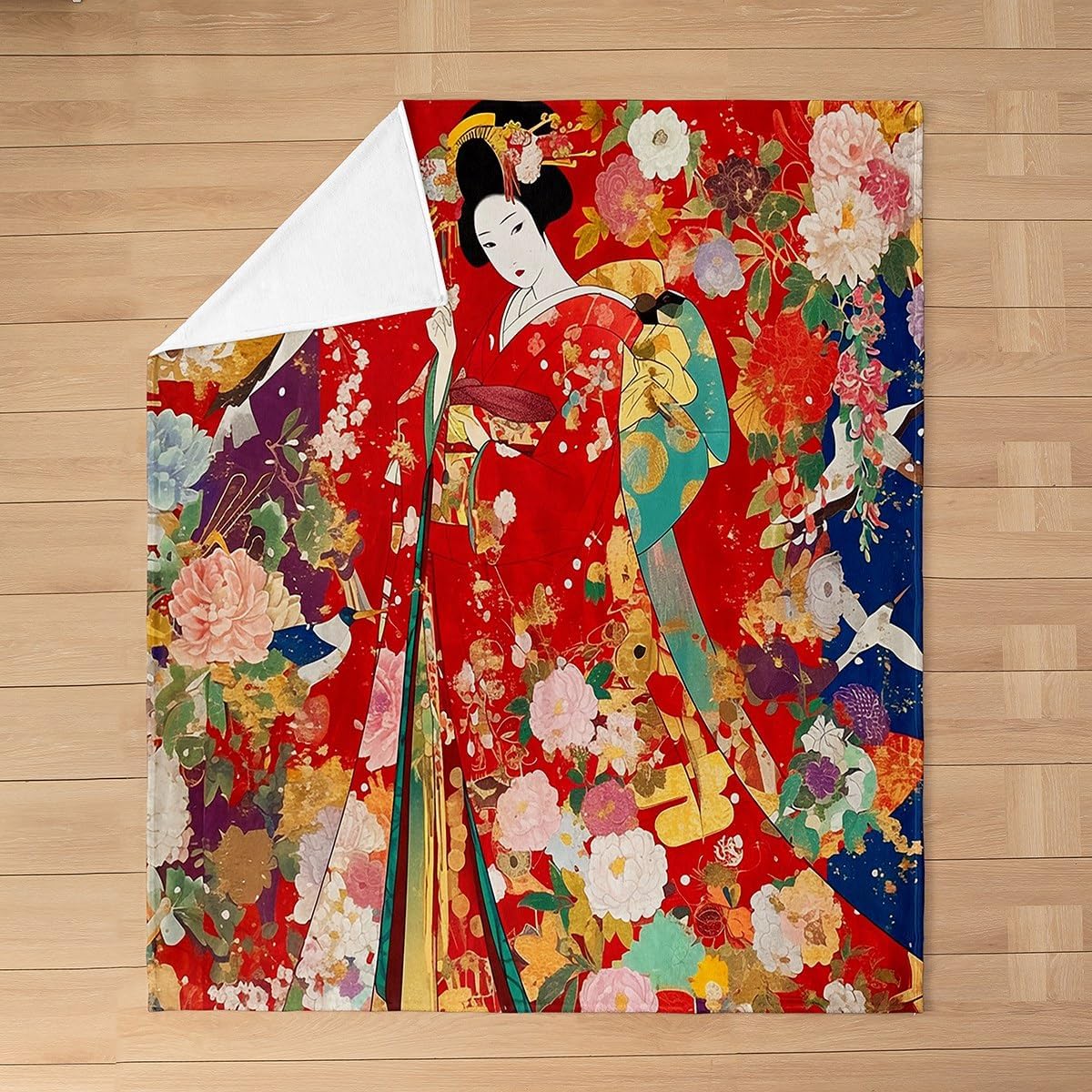 Japan Geisha Girls Flannel Fleece Blanket Throw 50"x60" for Kids Adults Women Japanese Style Floral Flower Plush Throw Blanket Japanese Ukiyoe,All Season for Bed Sofa Couch Hokusai Pattern