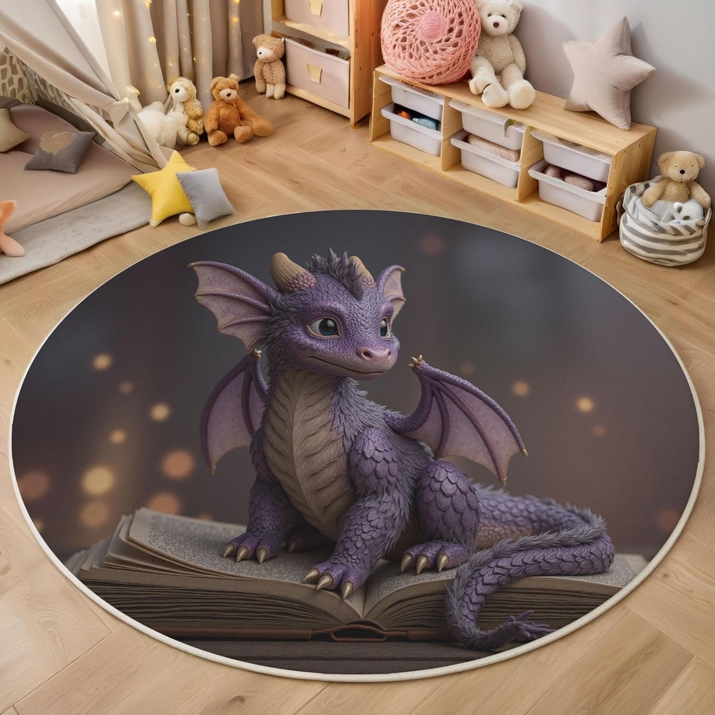 3D Fantasy Dragon Book Round Rugs 5.25Ft, Retro Animals Round Living Room Area Rug, Washable Large Soft Circle Rug for Bedroom, Non Slip Ultra Thin Floor Carpet for Dining Room, Purple
