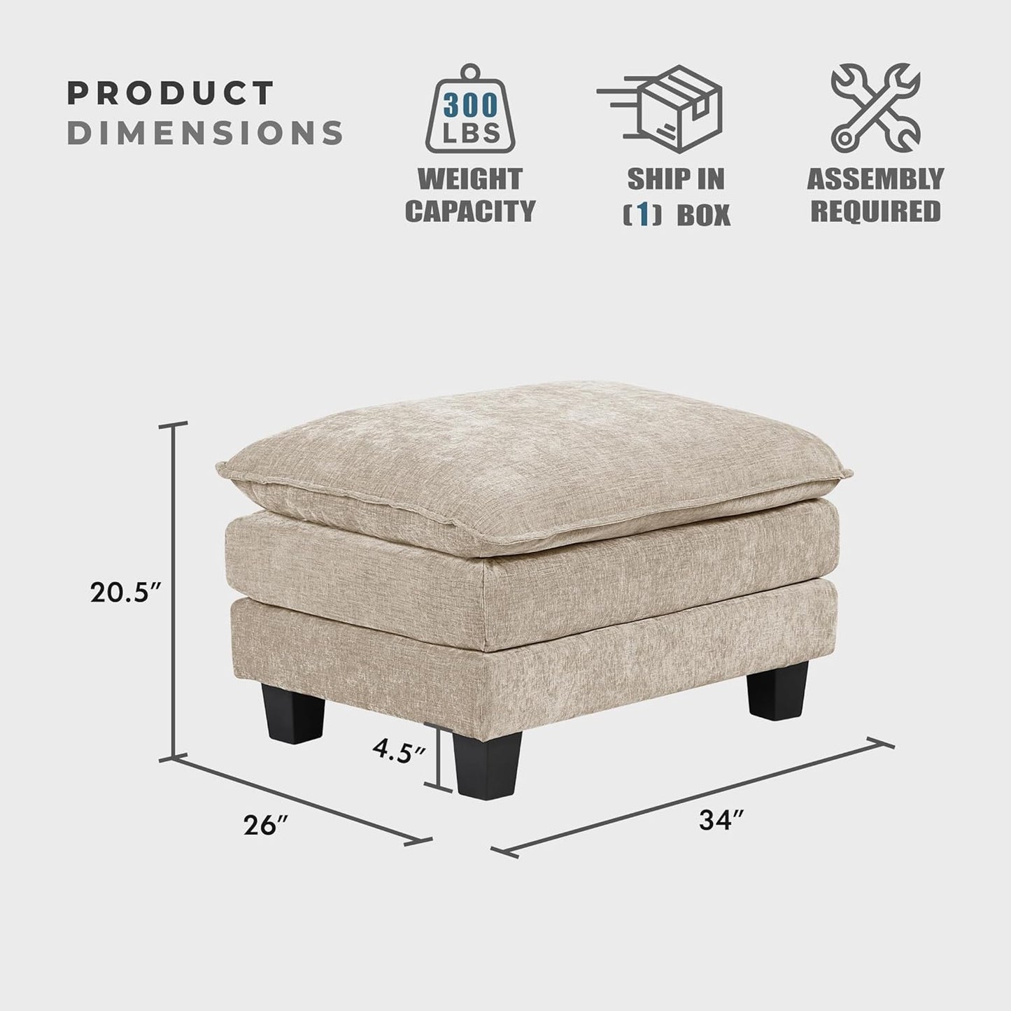 Lexicon Chenille Upholstered Rectangle Ottoman, Foot Stool, Black Faux Wood Feet, Durable Frame, Large Padded, Modular Sectional Couch Add Ons for Living Room, Bedroom, Assembly Required, Light Taupe