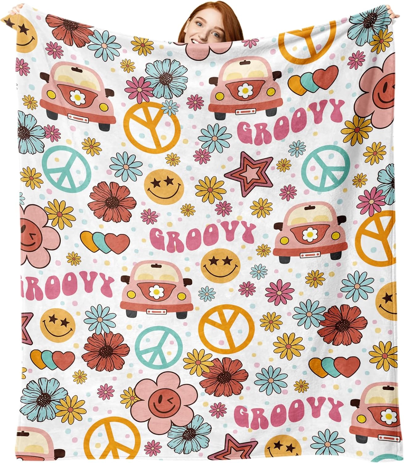 Retro Groovy Hippie Flannel Throw Blanket, Vintage Hippy Bus Daisy Flower Smiley Face Peace Love Gifts for Kids Men Women, Colorful Stars Polka Dots Soft Blankets for Bedding Sofa 50" x 60"