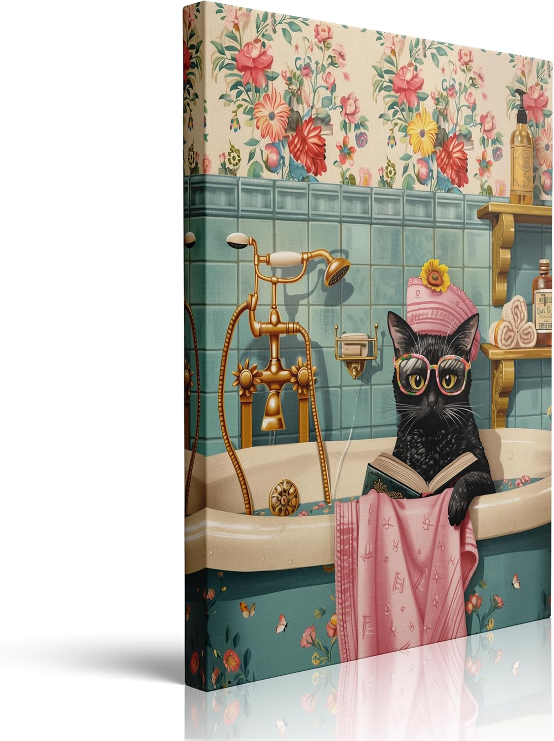 Whimsical Cat in Bathtub Canvas Wall Art Framed Painting Vintage Bathroom Scene with Glasses Bath Cap Wall Decor Artwork Print Poster Funny Cute Cozy for Bathroom Office Decor 16x24 Inches