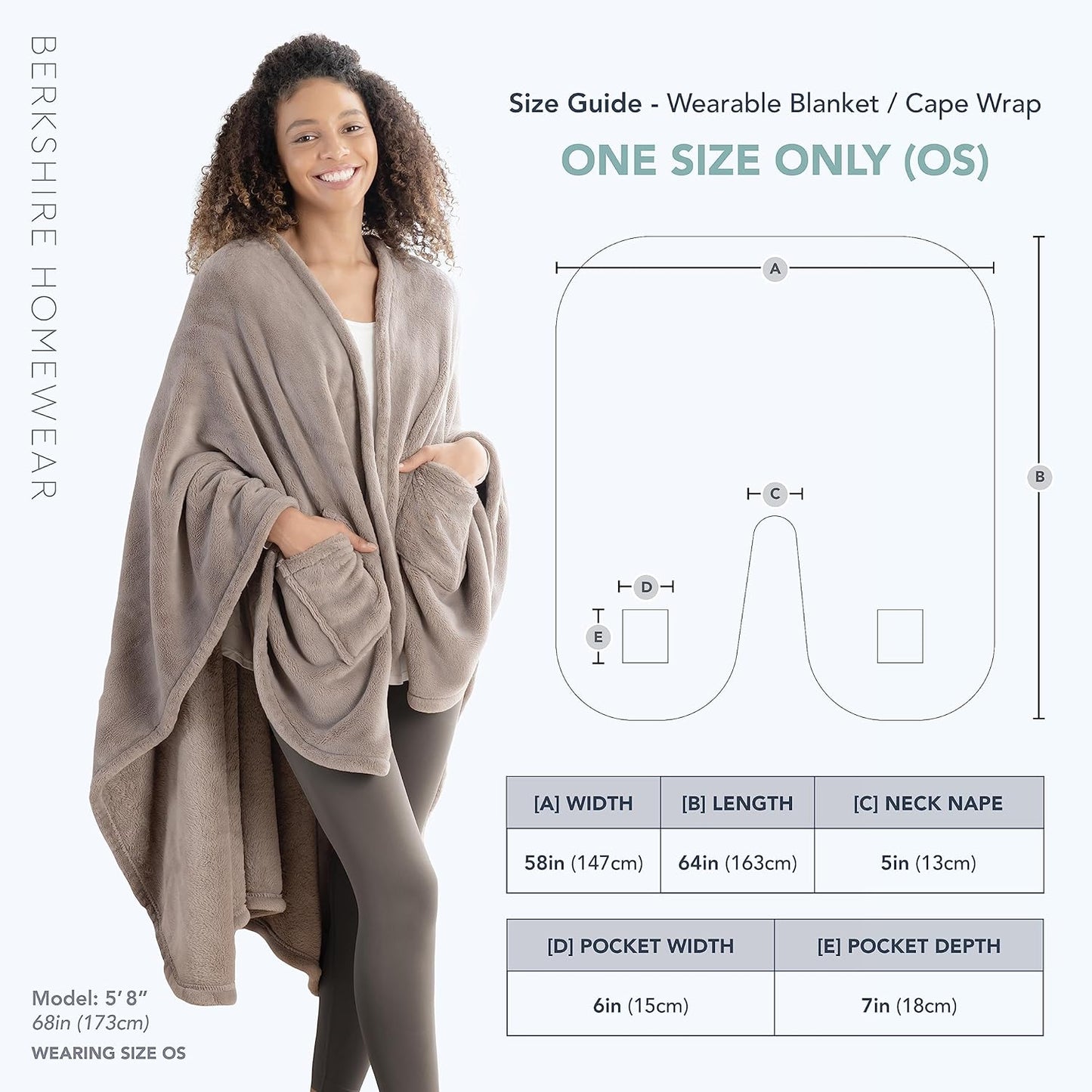 Berkshire Blanket Primalush™ Wearable Blanket, Cozy Loungewear Pocketed Plush Cape Wrap for Adults & Teens(Brown, One Size 58"X64")