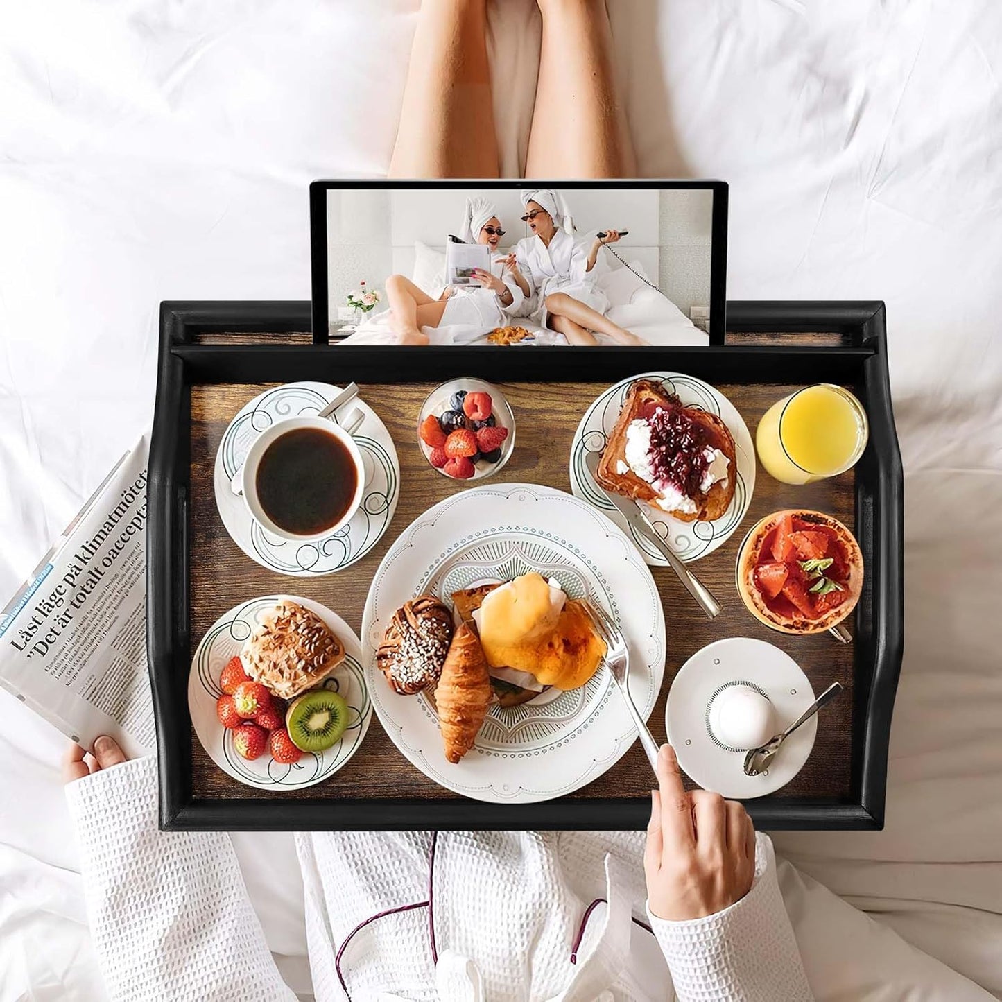 2 Pack Bed Tray Table with Adjustable Legs Breakfast Trays Serving Tray Bamboo Bed Laptap Floding Legs with Handles and Phone Holders