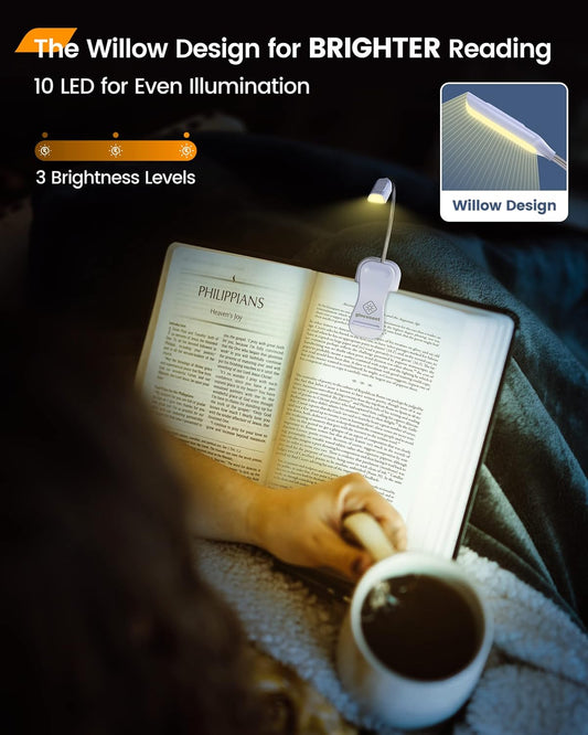 Glocusent Willow Book Light for Reading in Bed, 10LED Bright Reading Light, 3 Colors & 3 Brightness, Rechargeable ,Lasts for 80hr, Lightweight Clip on Book Light, Perfect for Book Lovers