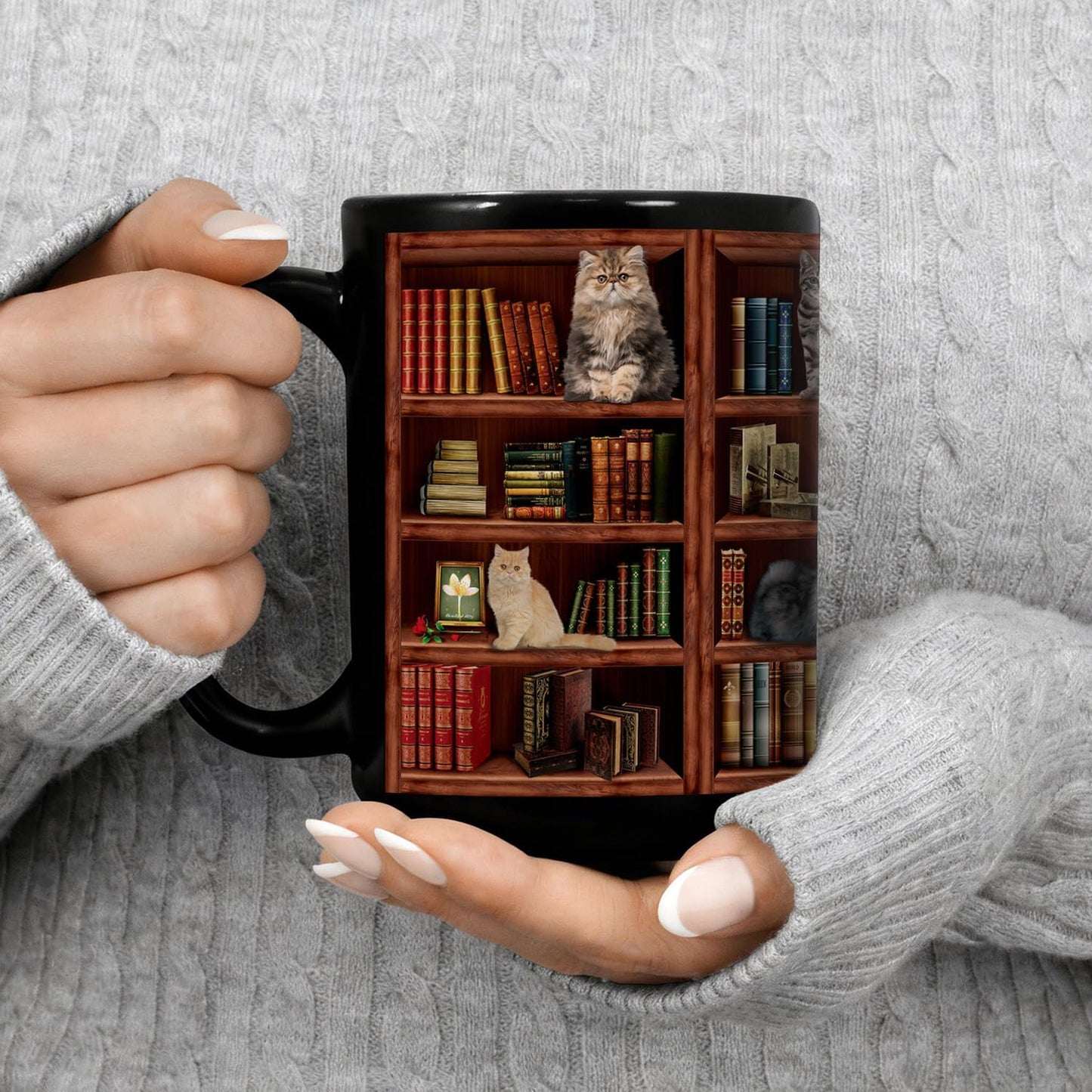 Cat Book Mugs - Coffee Mugs Lovers Gifts for Readers - Best Gift for Cat Lover - Reading Writer Women Tea Cups Library Bookshelf Mug 15oz - Black Chapter Book Mug(15oz-bookshelf)
