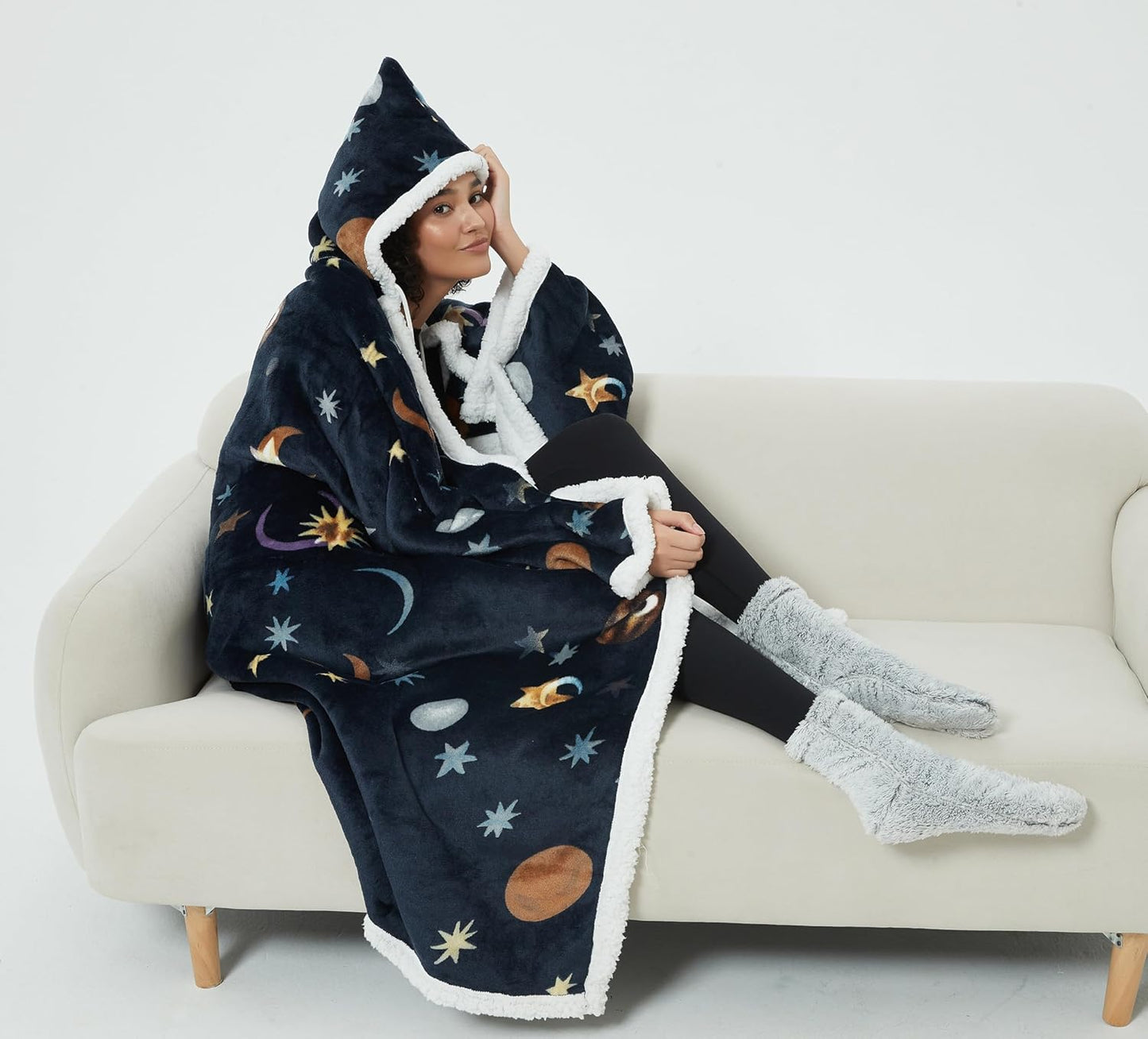 Hooded Wearable Blanket Cozy Blanket Hoodie Cape Sherpa Fleece Blanket Poncho Throw for Adult