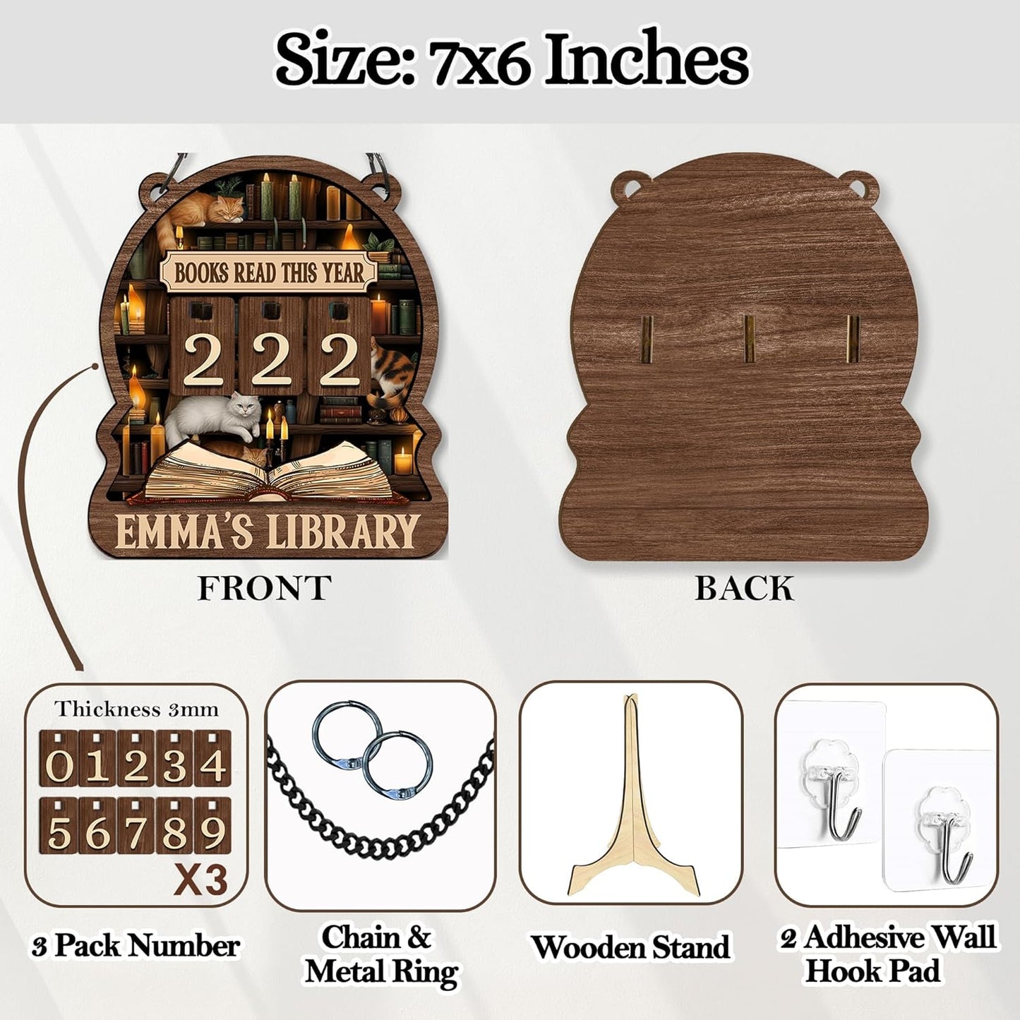 Books Read This Year Counter, Wooden Books Accessories for Book Shelf Decor, Books Reading Tracker Sign with Hanging Chain & Table Stand, Gifts for Book Lover, Reading Challenge Library Bookish Decor