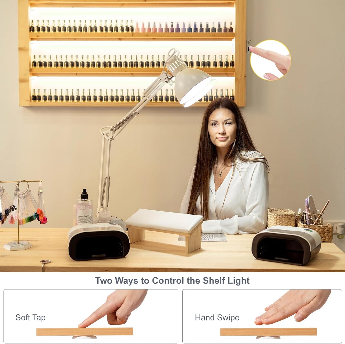 COB Display Light Strips for Shelves, 6000K 16.4ft Plug-in Under Shelf Lighting with Hand-Sweep On/Off, Diffused Power with 6 Output Ports, Shelf Lights for Bookshelf, Gun Safe
