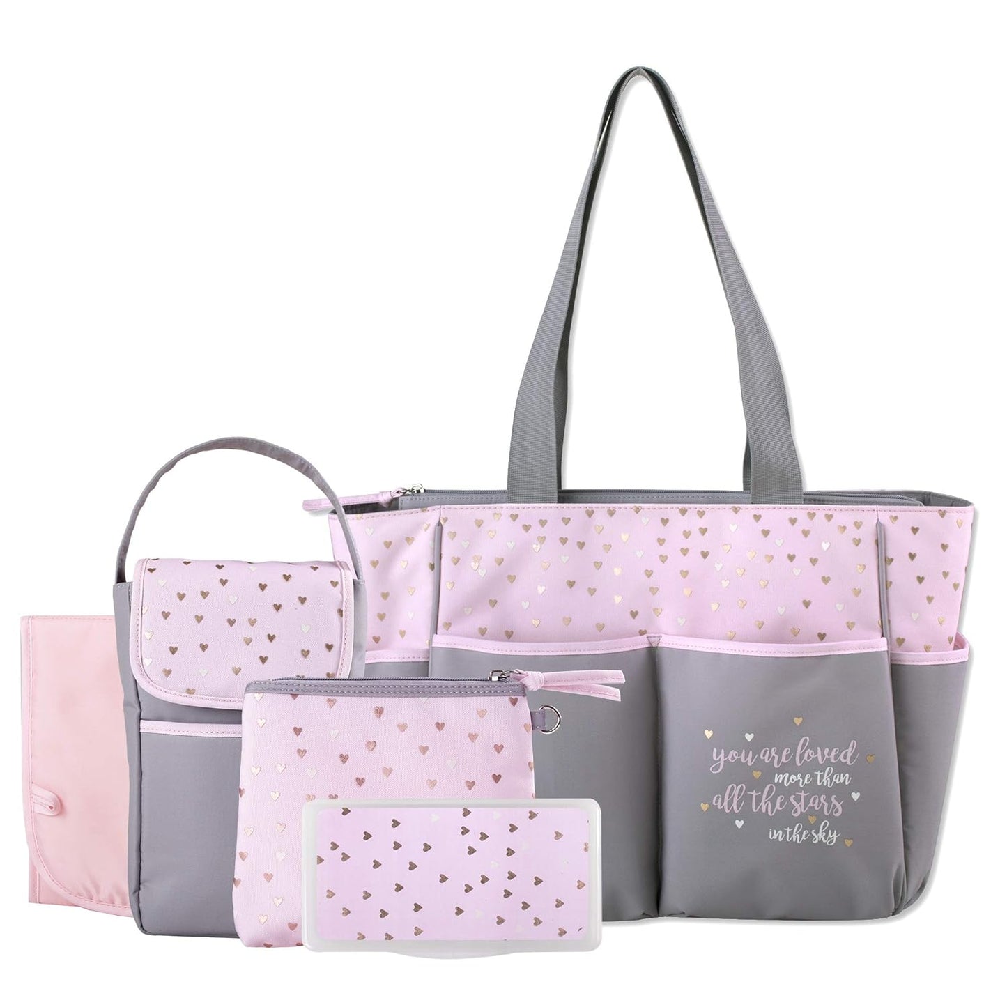 Baby Essentials Diaper Bag Tote 5 Piece Set with Sun, Moon, and Stars, Wipes Pocket, Dirty Diaper Pouch, Changing Pad (Grey/Pink)