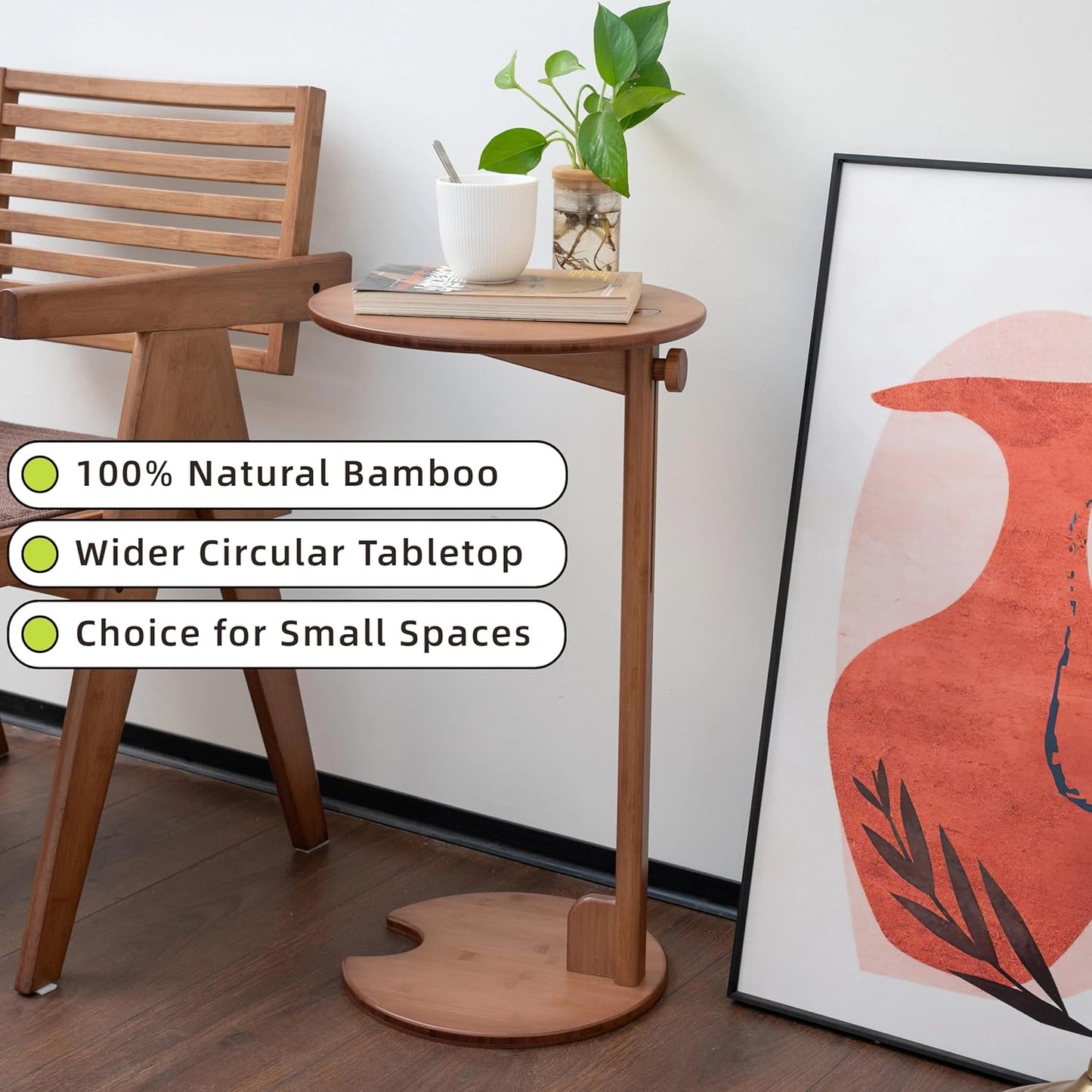 Side Table with Pedestal - Adjustable Height C Shaped End Tables for Small Spaces, Couch, Bedside, Living Room, 14x14x26 Inch TV Tray Round Stand for Drink, Snack, Coffee - Brown