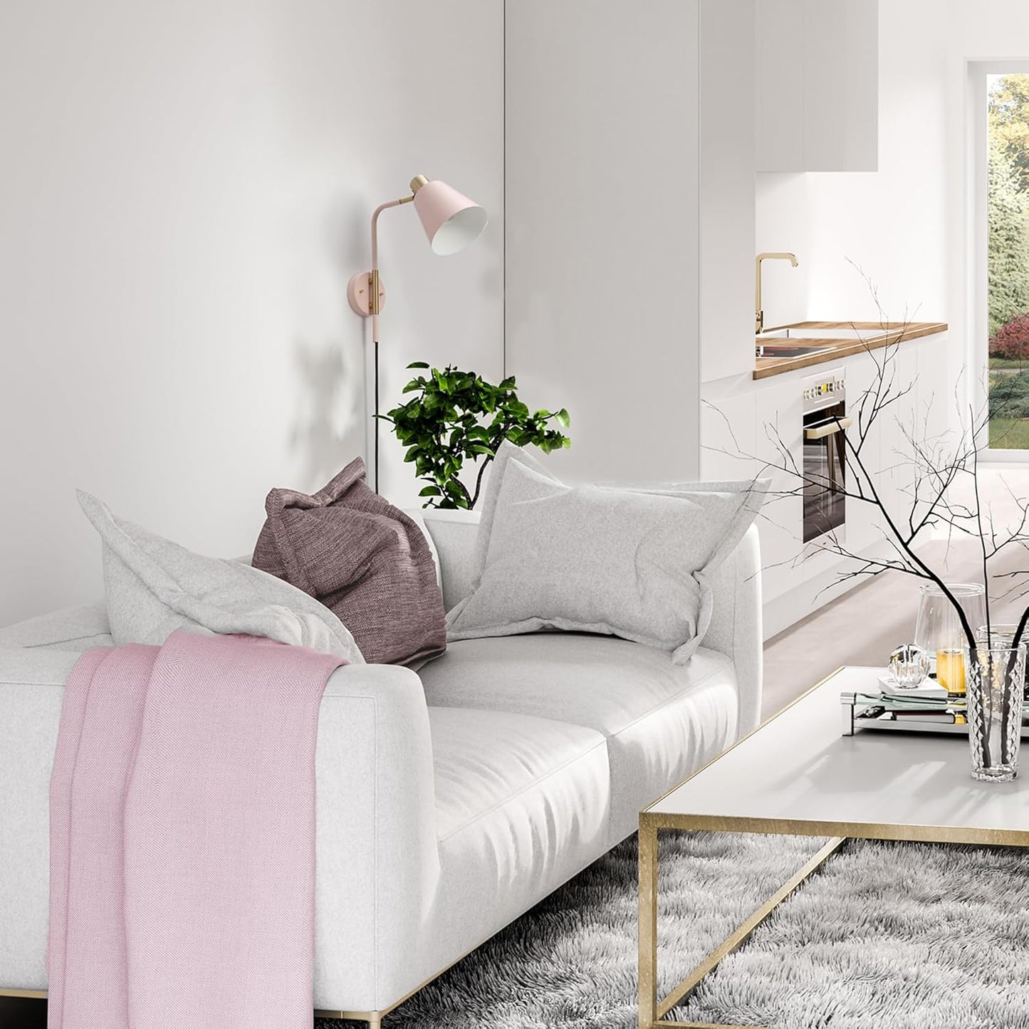 GLOBE Electric Cleo 1-Light Plug-in or Hardwire Wall Sconce, Blush Pink, Matte Brass Accents, Black Cloth Cord, Bulb Not Included