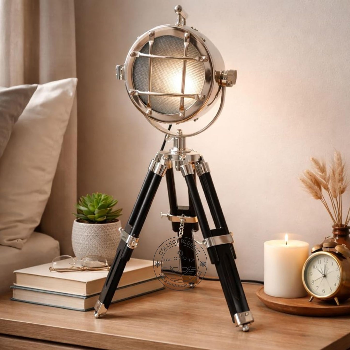 collectiblesBuy Nautical Desk Lamp with Black Wooden Tripod – 22 Inch Adjustable Nickel Finish LED Spotlight Searchlight Vintage Maritime Table Decor for Home Office