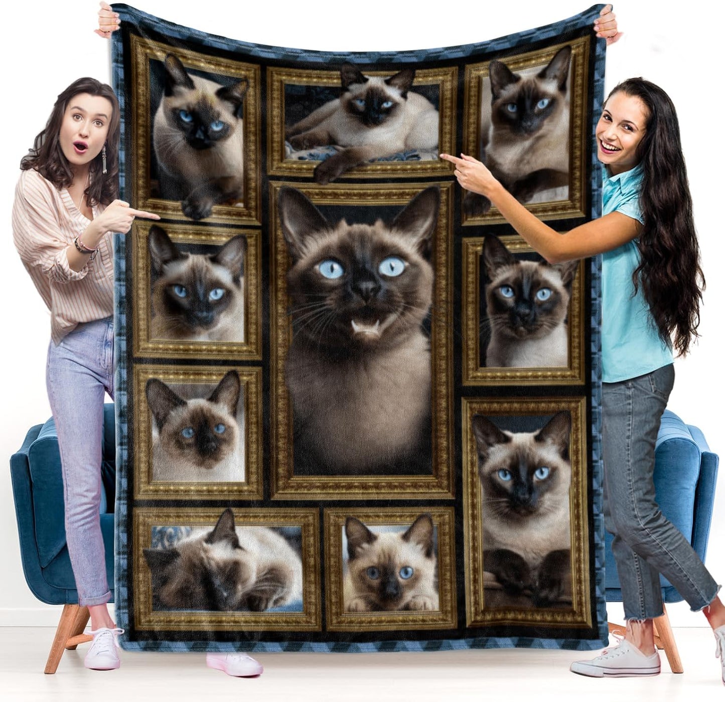 Siamese Cat Blanket Gifts for Women Men, Cozy Fuzzy Soft Throw Blanket for Couch Bed Travel Lightweight Plush Flannel Fleece Blankets and Throws for Sofa Chair Camping Car, Twin Size 60" X 80"