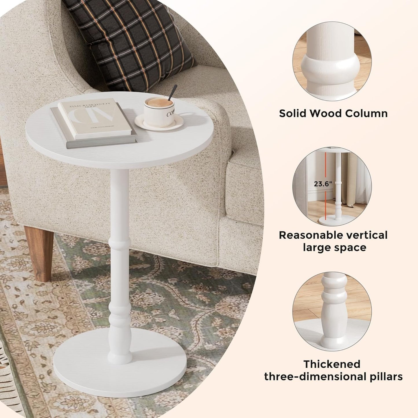16" Round Side Tables Set of 2, Solid Wood Pillar with Wood Top & Base, Small Drink Accent Table for Living Room, Bedroom, Sofa & Office, Easy Assembly, White