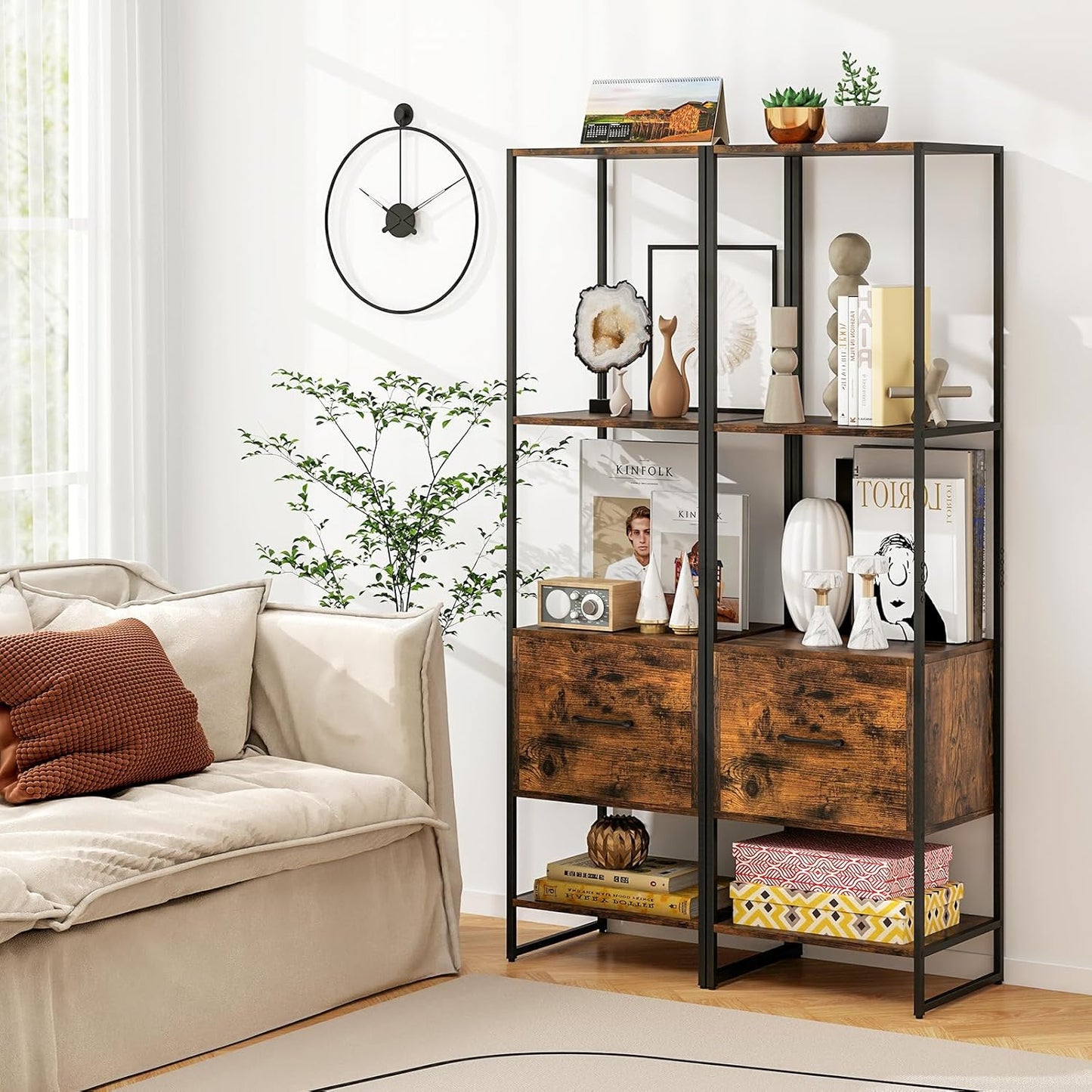 Tangkula 4-Tier Bookshelf with Drawer, 62.5” Tall Narrow Bookcase with Metal Frame & Anti-tip Kits, 4 Open Shelves & Pull-Out Drawer, Modern Slim Display Storage Rack for Living Room Study (1, Brown)