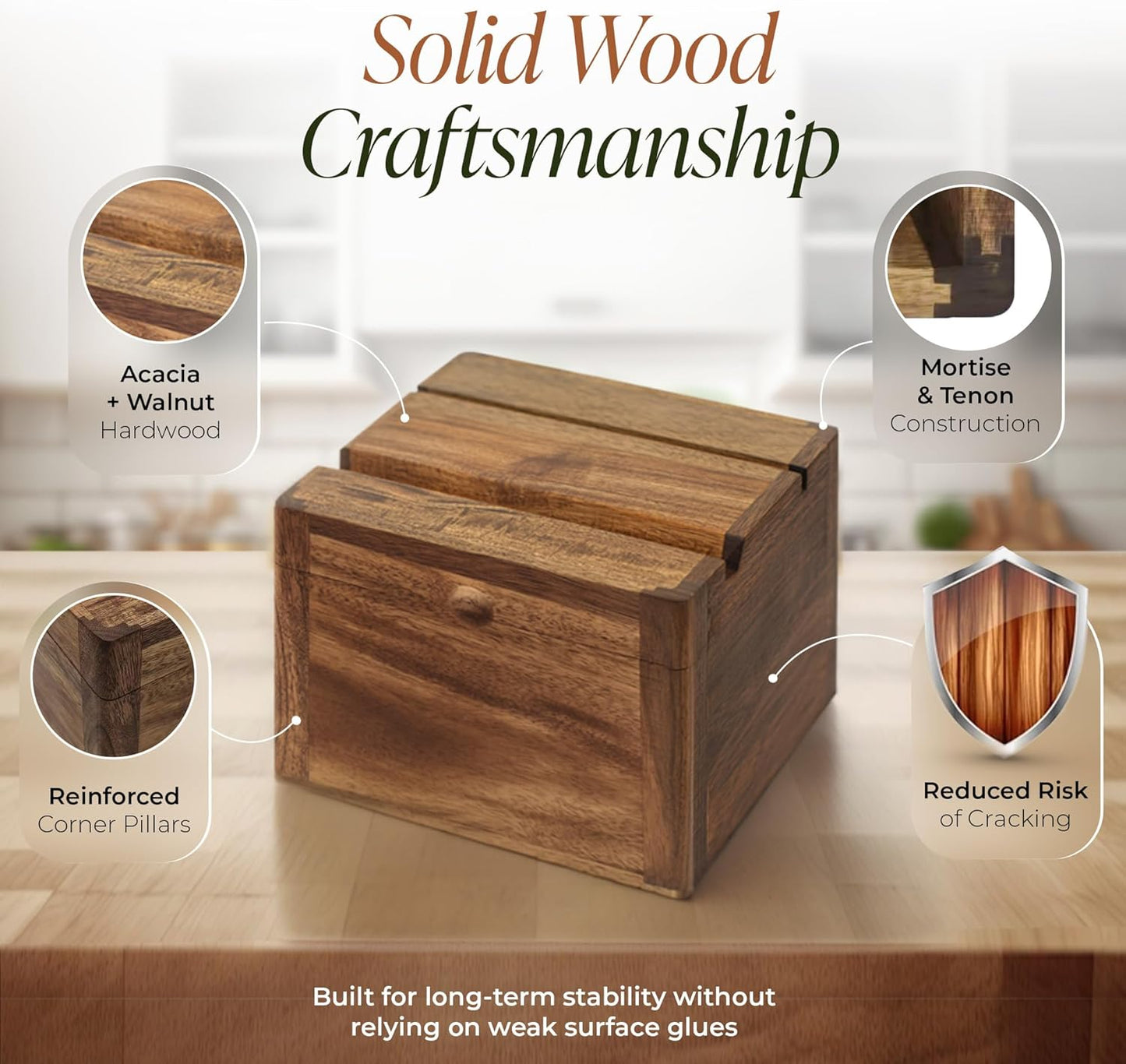 Rustic Wood Recipe Box Keepsake for 4x6 Cards with Divider & Phone Stand, Double Layer Recipe Card Holder, Includes 100 Cards & 9 Dividers, Acacia Walnut Organizer, Gift for Mom