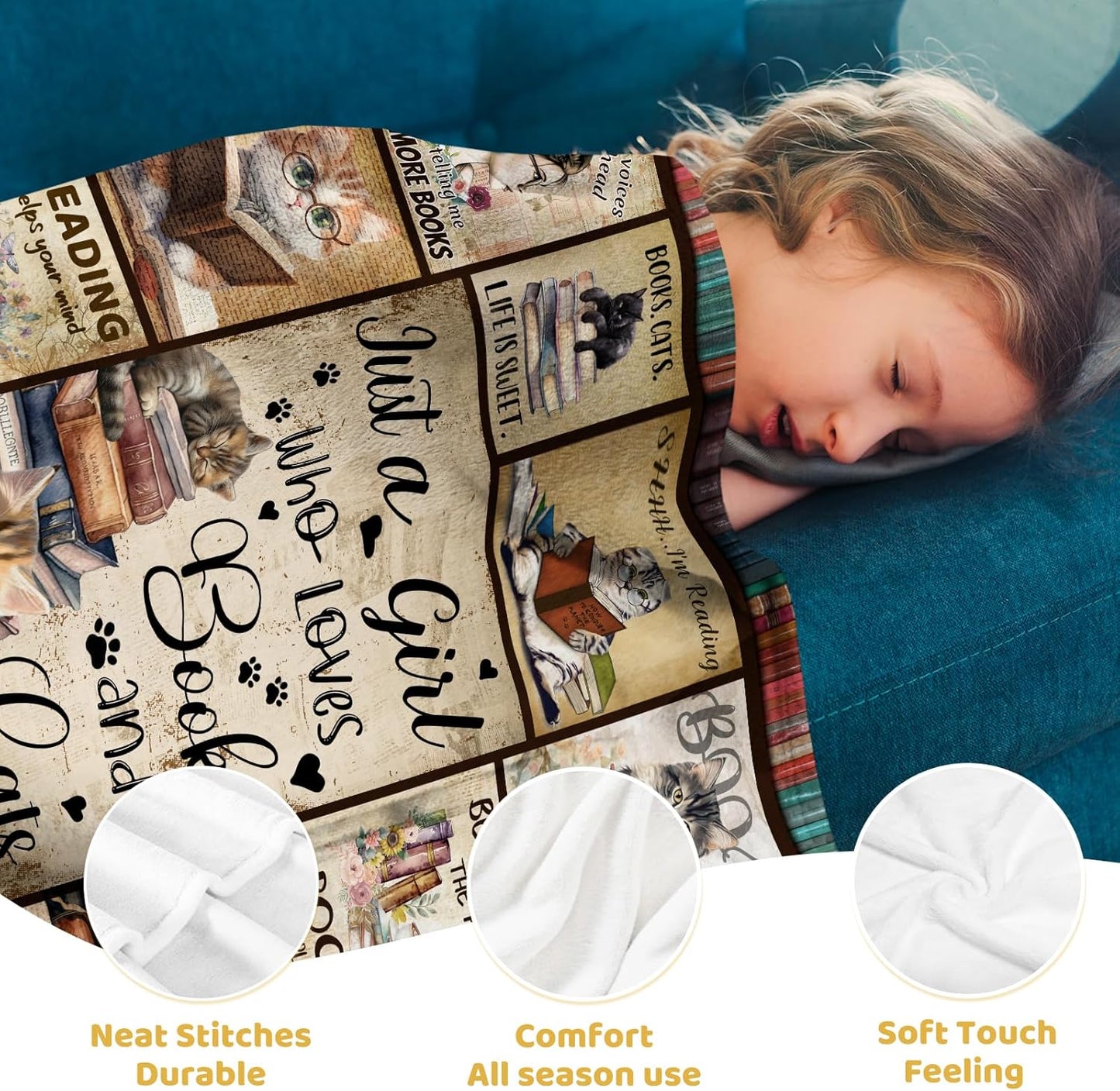 Book Lovers Gift for Girls, Books Blanket for Girls, Just A Girl Who Loves Books Cats Blanket, Gifts for Readers Book Lovers Women 40"x 50"