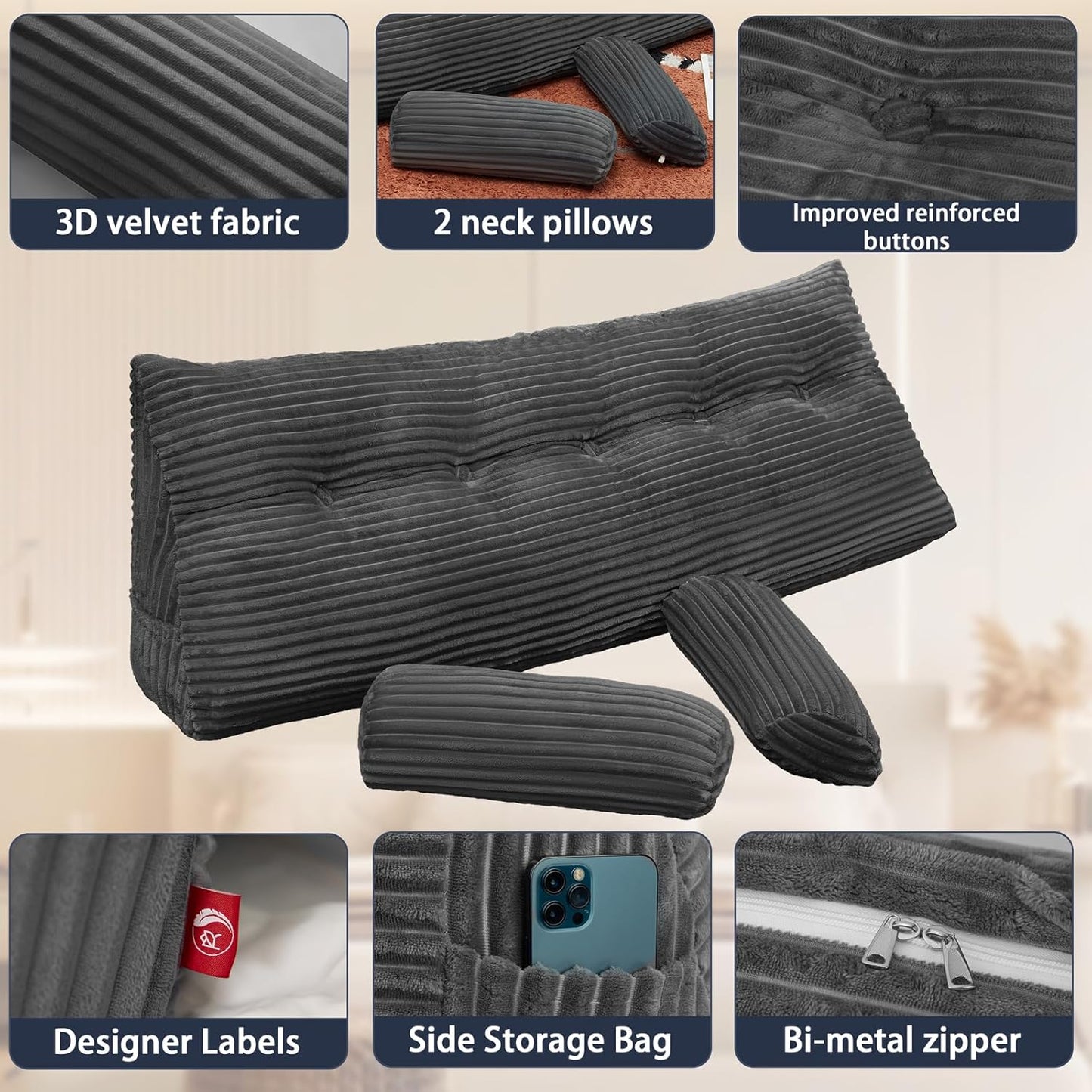 Headboard Wedge Pillow with Neck Roll Pillow Twin Wedge Pillow Headboard Soft and Supportive Bed Rest Reading Pillows for Sitting in Bed with Removable Cover