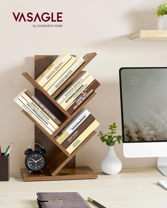 VASAGLE Tree Bookshelf, 5-Tier Bookcase, Small Bookshelf, Space-Saving Corner Shelf, Book Tree, Holds Books, CDs, Games, for Bedroom, Living Room, Home Office, Rustic Brown ULBC183X01