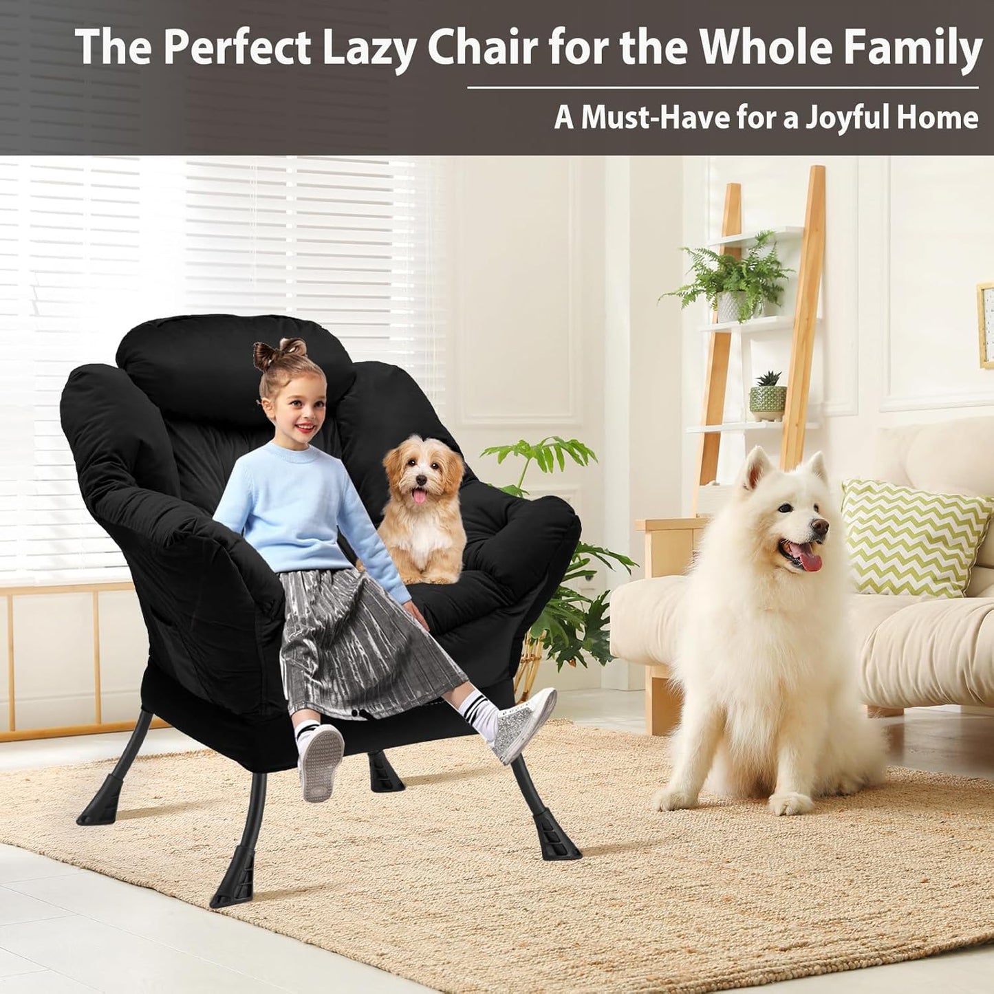 Lazy Chair Thick Padded, Comfy Velvet Accent Lounge Chair with Stable Frame, Leisure Sofa Armchair with Armrests and Side Pocket, Reading Chair for Bedroom, Living Room, Office, Black