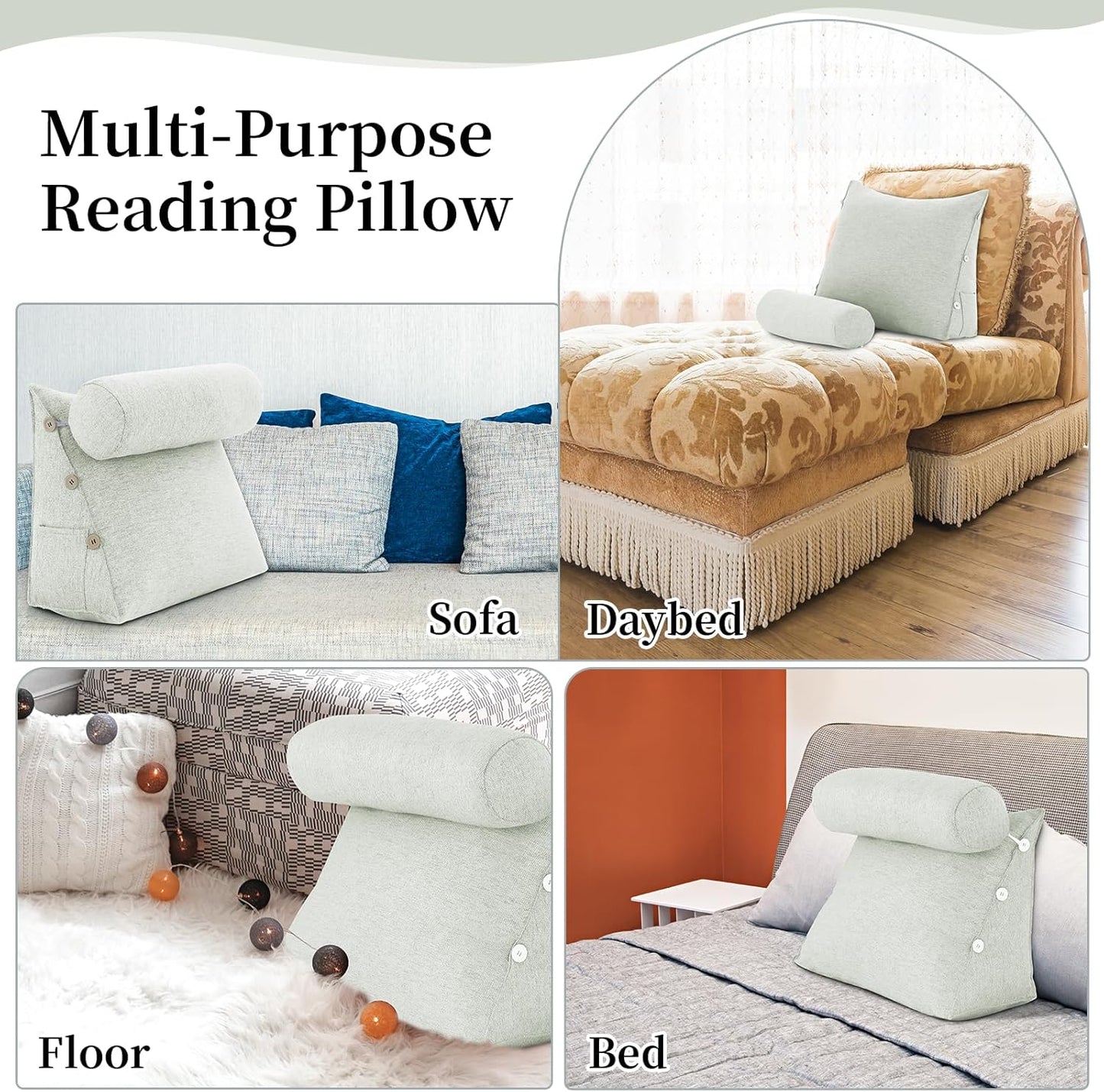 Wedge Reading Pillow — Adjustable Triangular Cushion, Removable Linen Cover, Lumbar & Neck Back Support