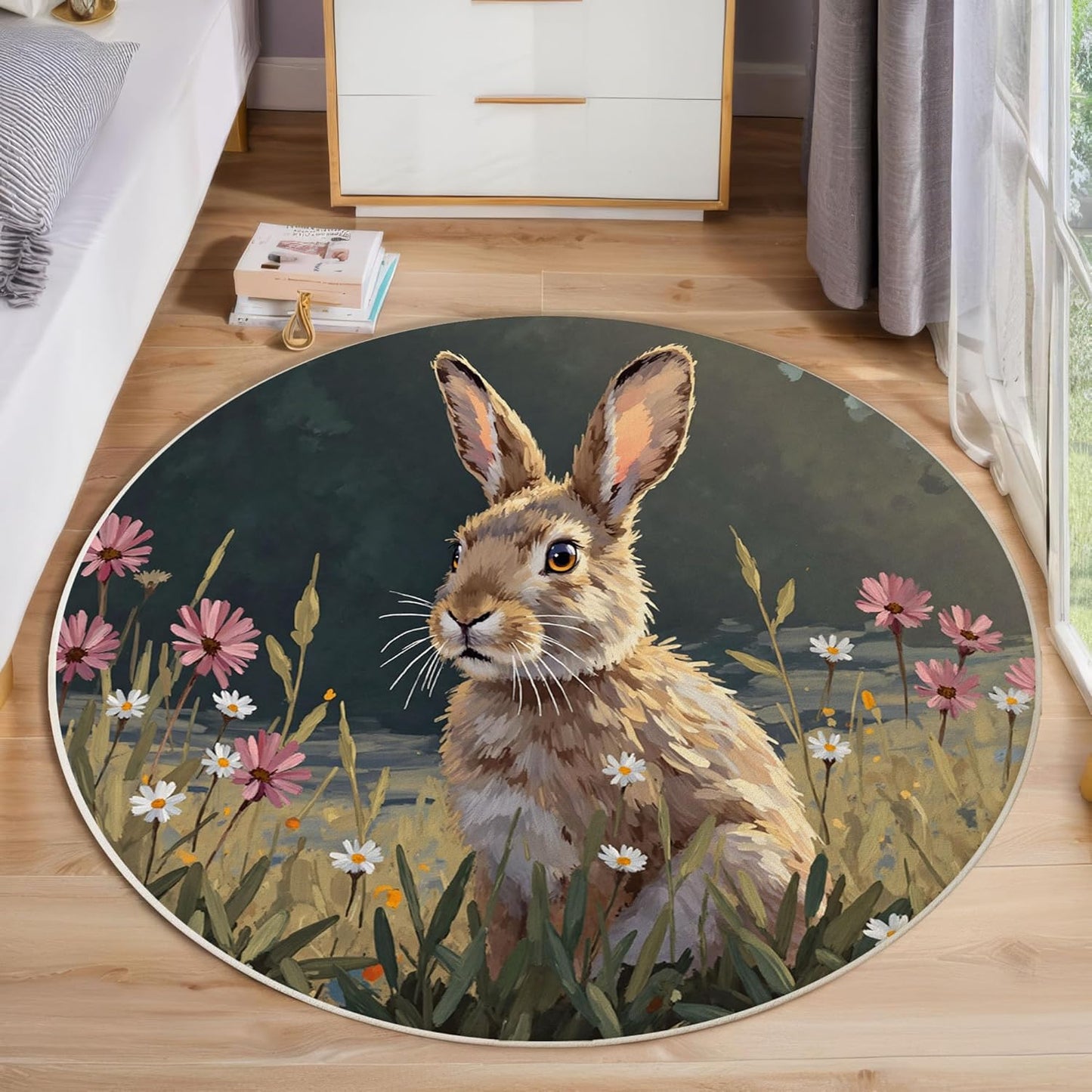 Round Rug for Kids Room, Nature Rabbit Grass Round Rugs 5.25Ft, Animals Oil Painting Circle Rug, Olive Green Washable Circle Carpet for Living Room Bedroom, Non Slip Low Pile Thin Area Rugs
