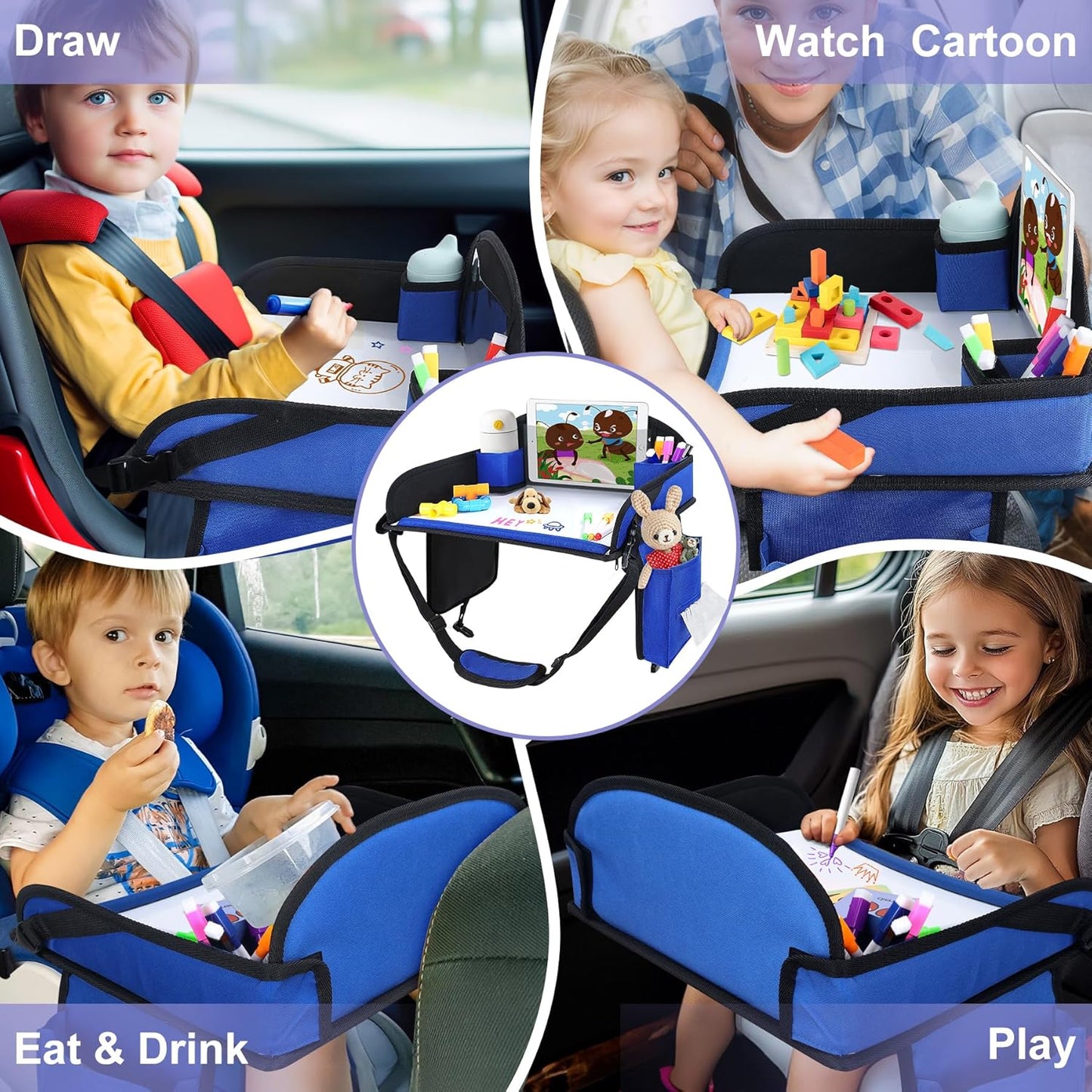 Kids Travel Tray, Kids Travel Trays for Car Seat, Road Trip Essentials for Toddler, Carseat Lap Tray with Dry Erase Board & Storage Organizer for Road Trip Activities for Kid, Blue
